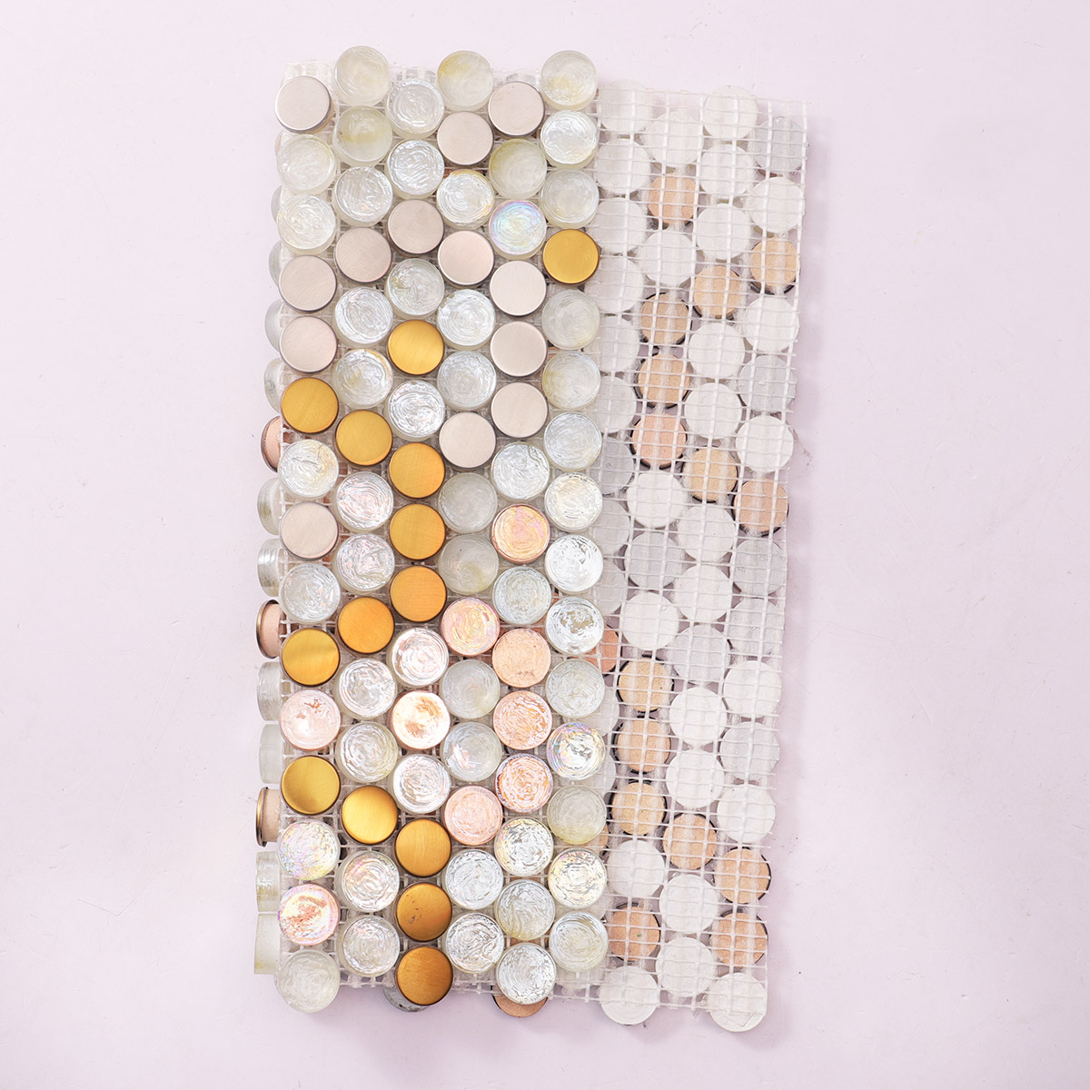 Glass Mix Metal Circle Pattern Mosaic Tile Backside with Mesh Backing