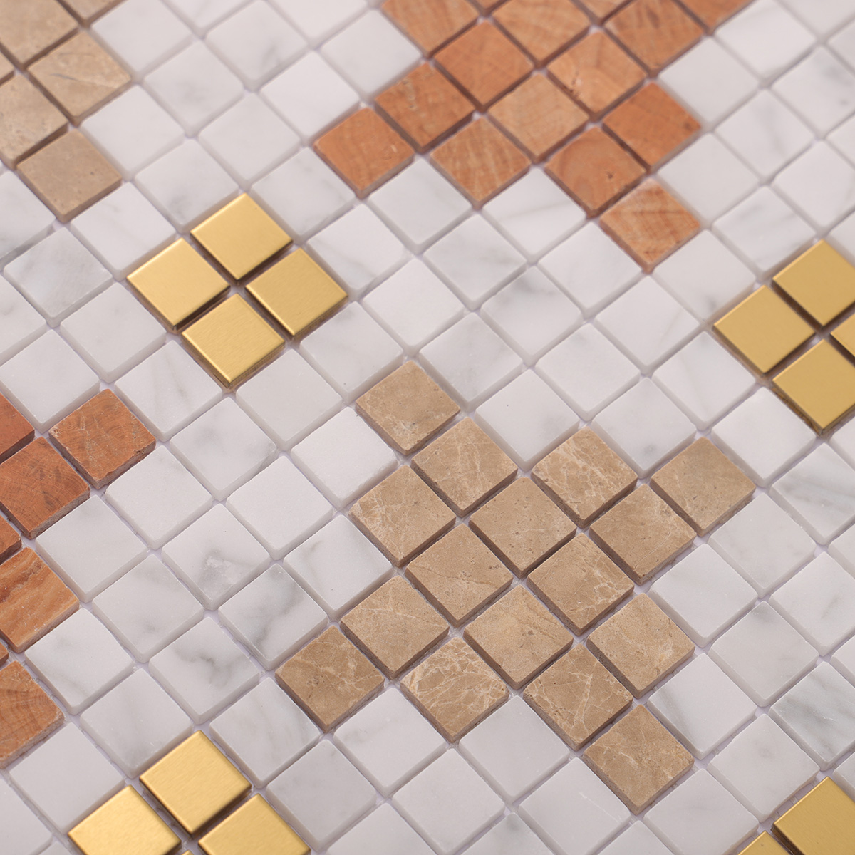 Detailed View of Marble and Metal Square Mosaic Tile Surface