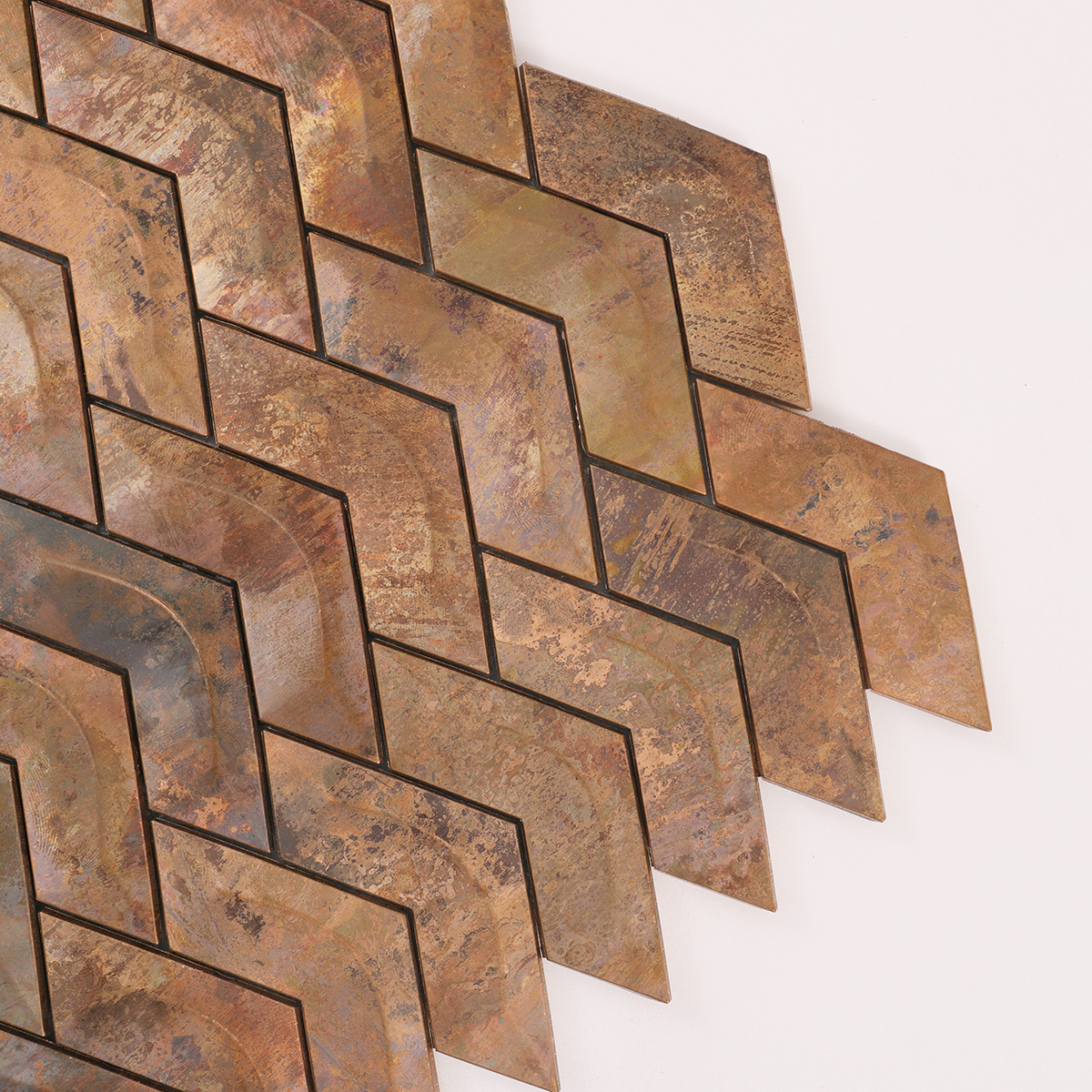 Detailed View of Herringbone Copper 3D Wave Mosaic Tile Surface
