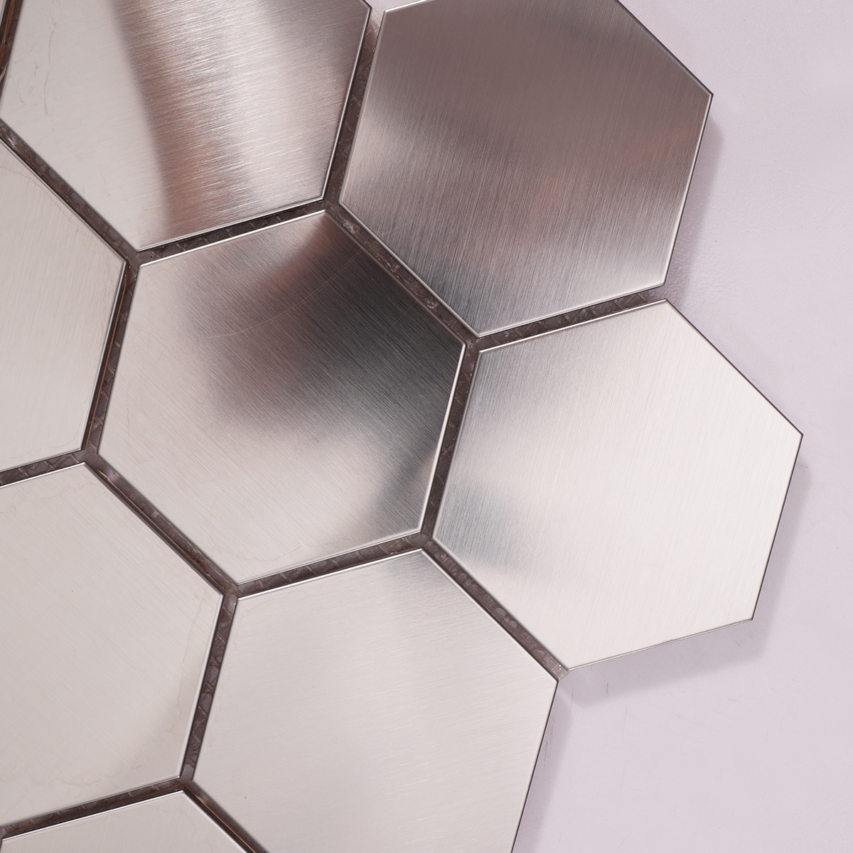 Detailed View of Honeycomb Hexagon Brushed Metal Mosaic Tile Pattern
