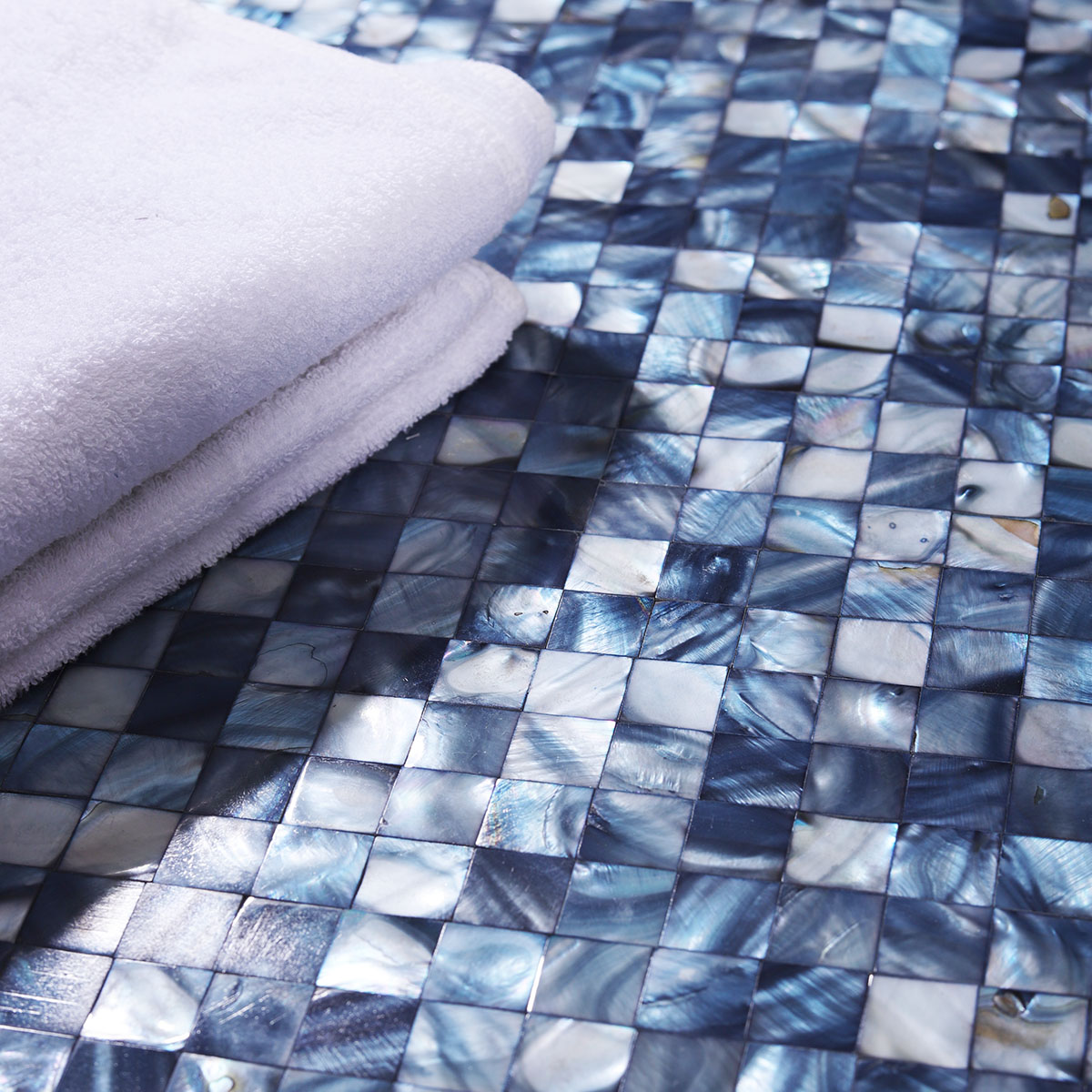 Iridescent Blue Mother of Pearl Square Mosaic Tiles on Floor Setting