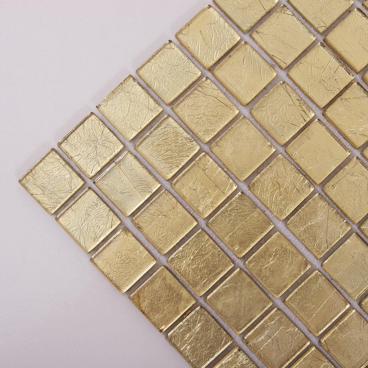 Close-up of Glossy Gold Square Glass Mosaic Tile Surface