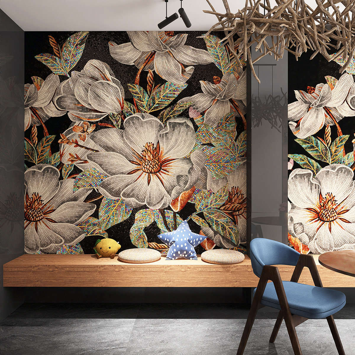 Flower Pattern Glass Mosaic Tile Accent Wall in Bathroom