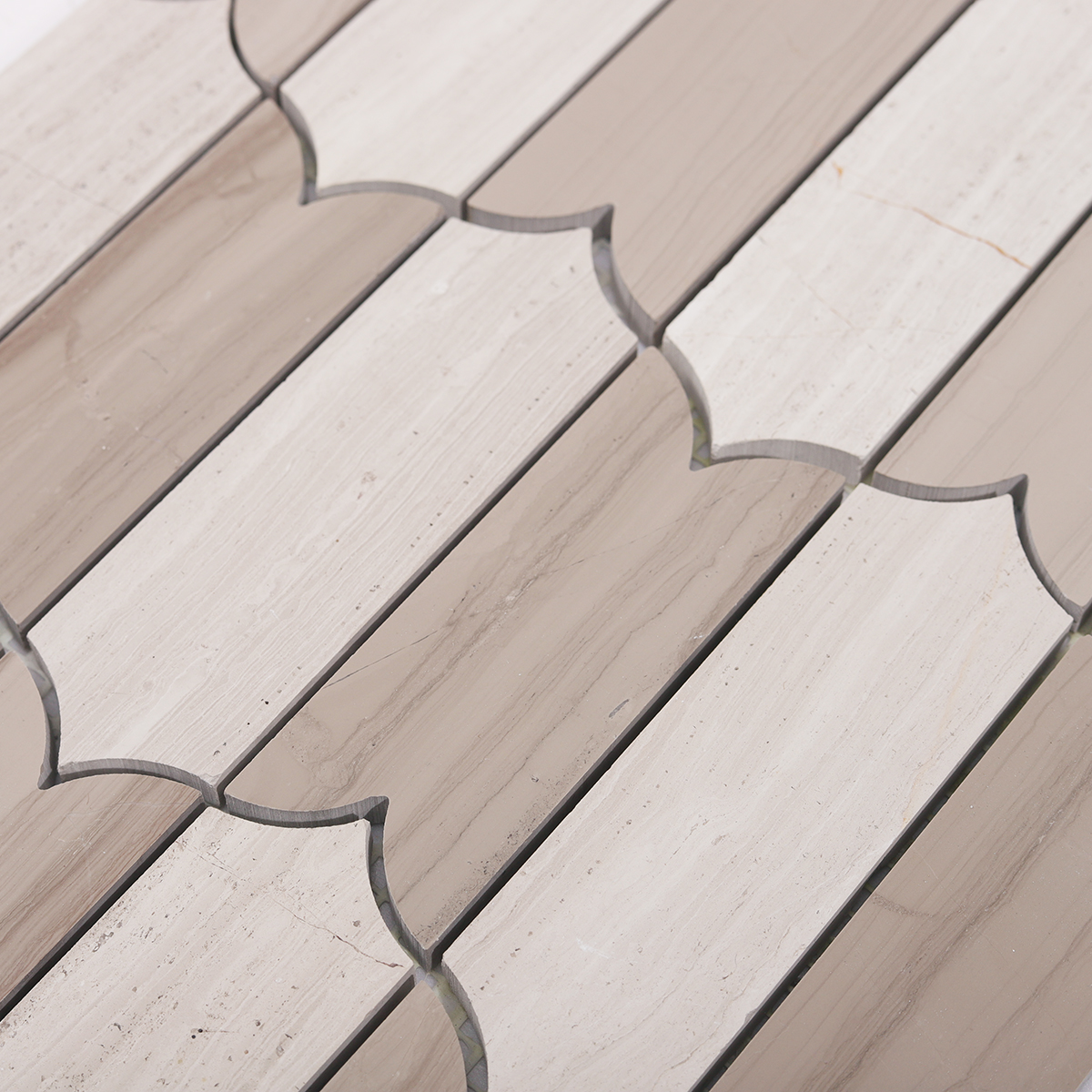 Close-up of Limestone Wooden Beige Marble Mosaic Tile Texture