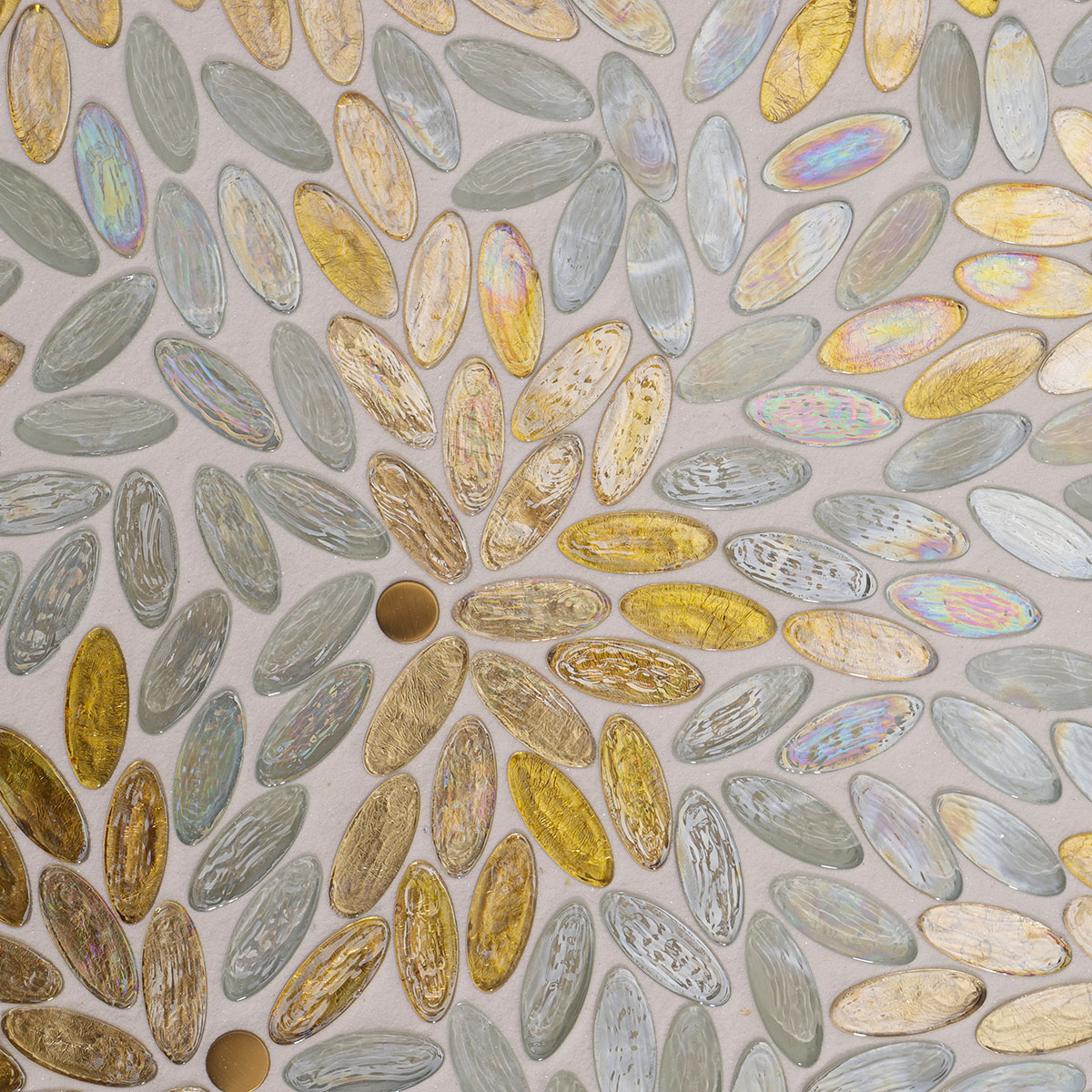 Iridescent White and Gold Petal Mosaic Tile Detail on Floor