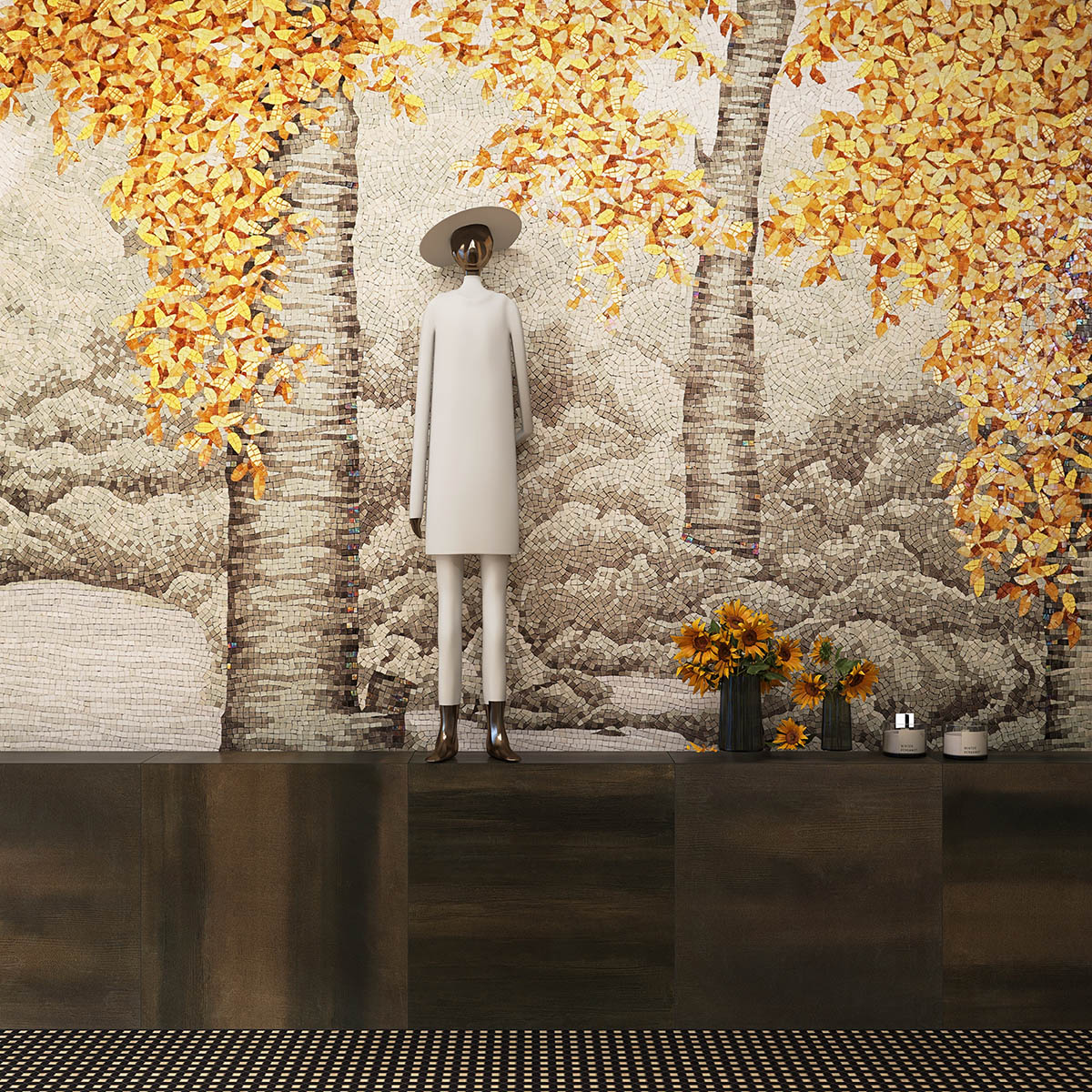 Golden Tree Mural Mosaic Art as Living Room Background Wall 