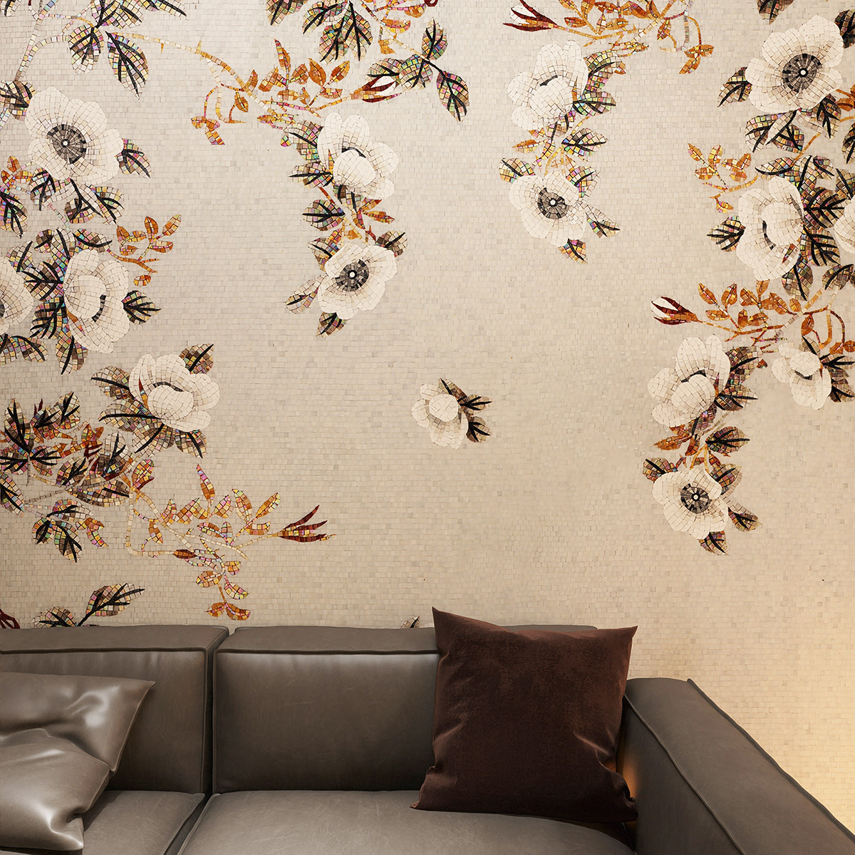 Flower Glass Mosaic Mural on Living Room Wall with Gray Sofa