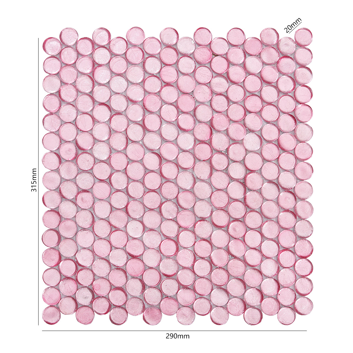 Front View of Glossy Pink Penny Round Mosaic Tile with Dimensions