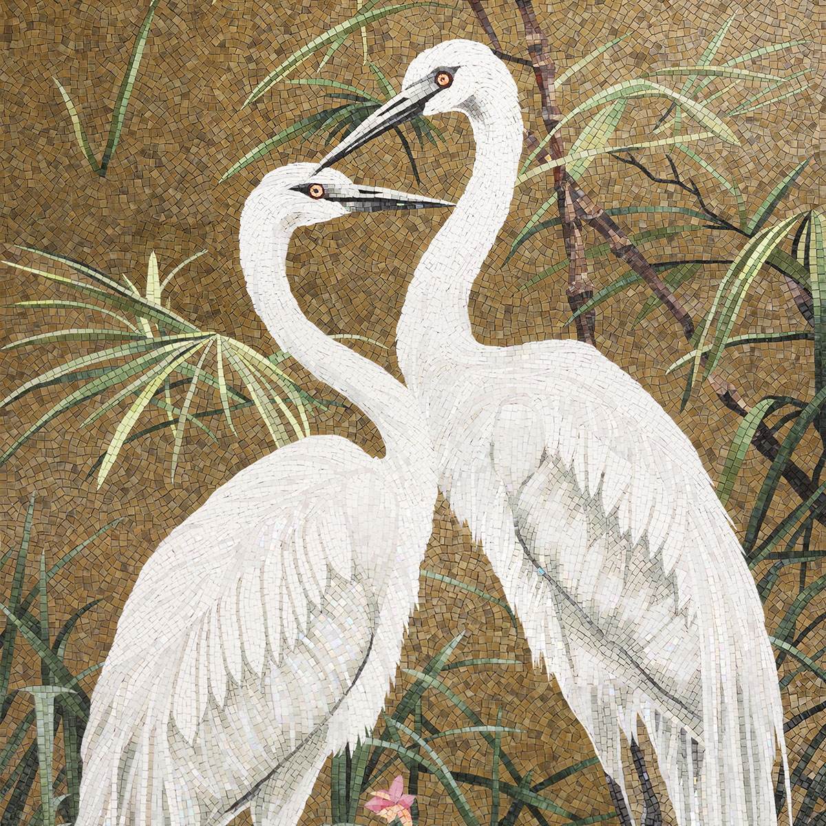 Intricate Glass Mosaic Detailing of White Crane Feather Patterns