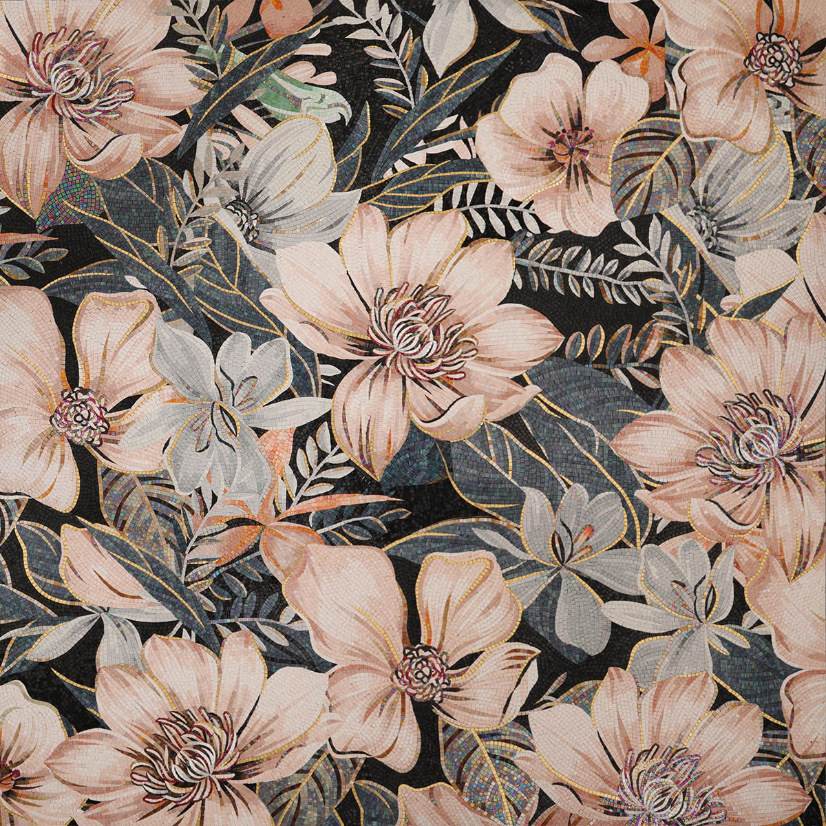 Full View of Handmade Floral Pattern Glass Mosaic Mural