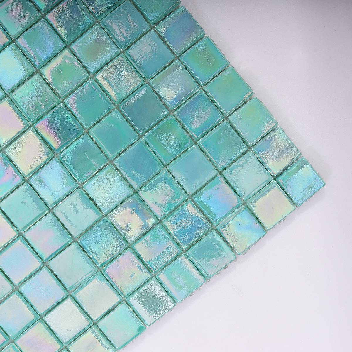 Detailed View of Blue Green Iridescent Mosaic Tile Pattern