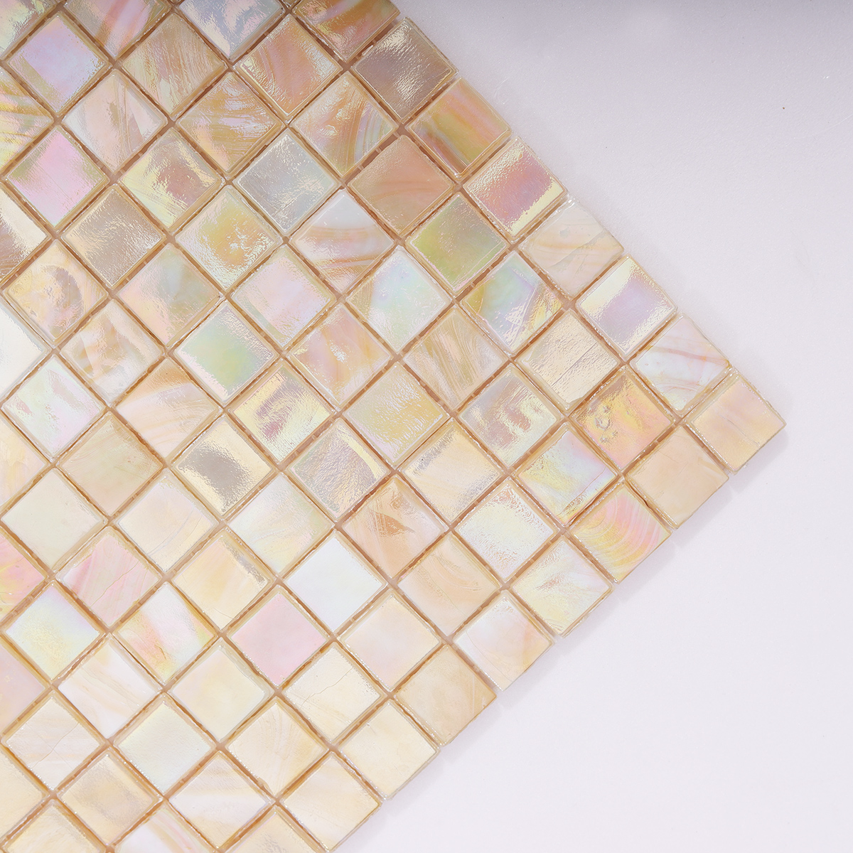 Close-up of Cream Beige Pearlescent Mosaic Tile Surface