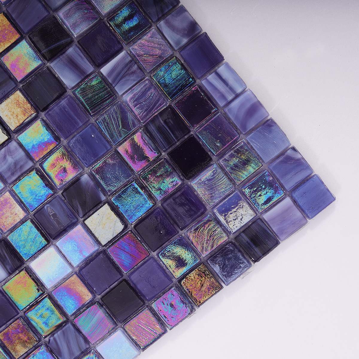 Detailed View of Violet Iridescent Glass Tile for Shower
