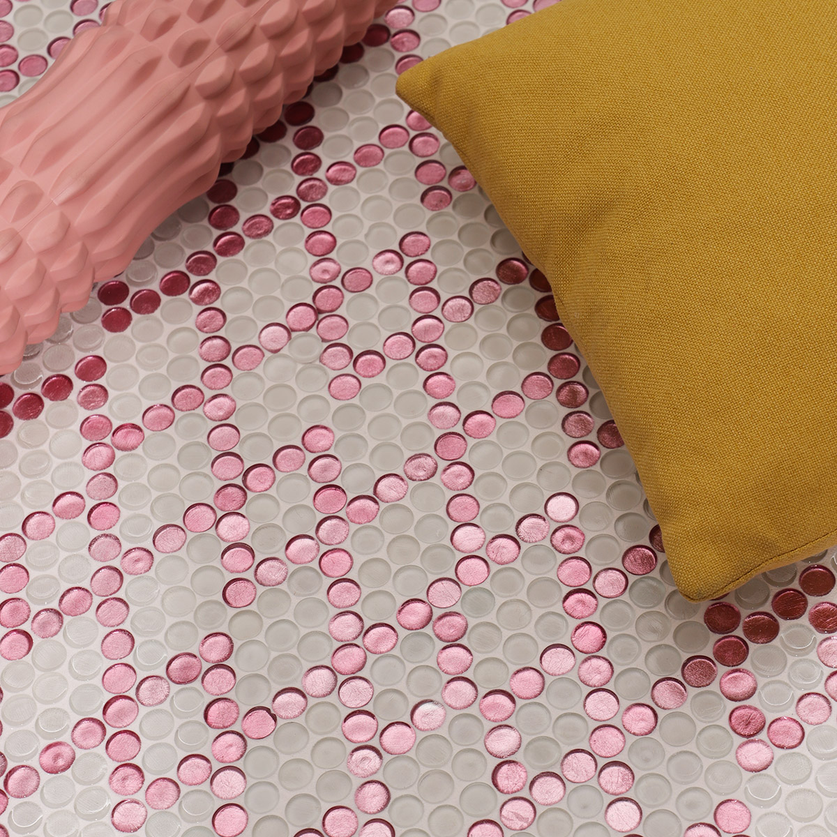 White and Pink Round Glass Diamond Geometric Pattern Mosaic Tiles