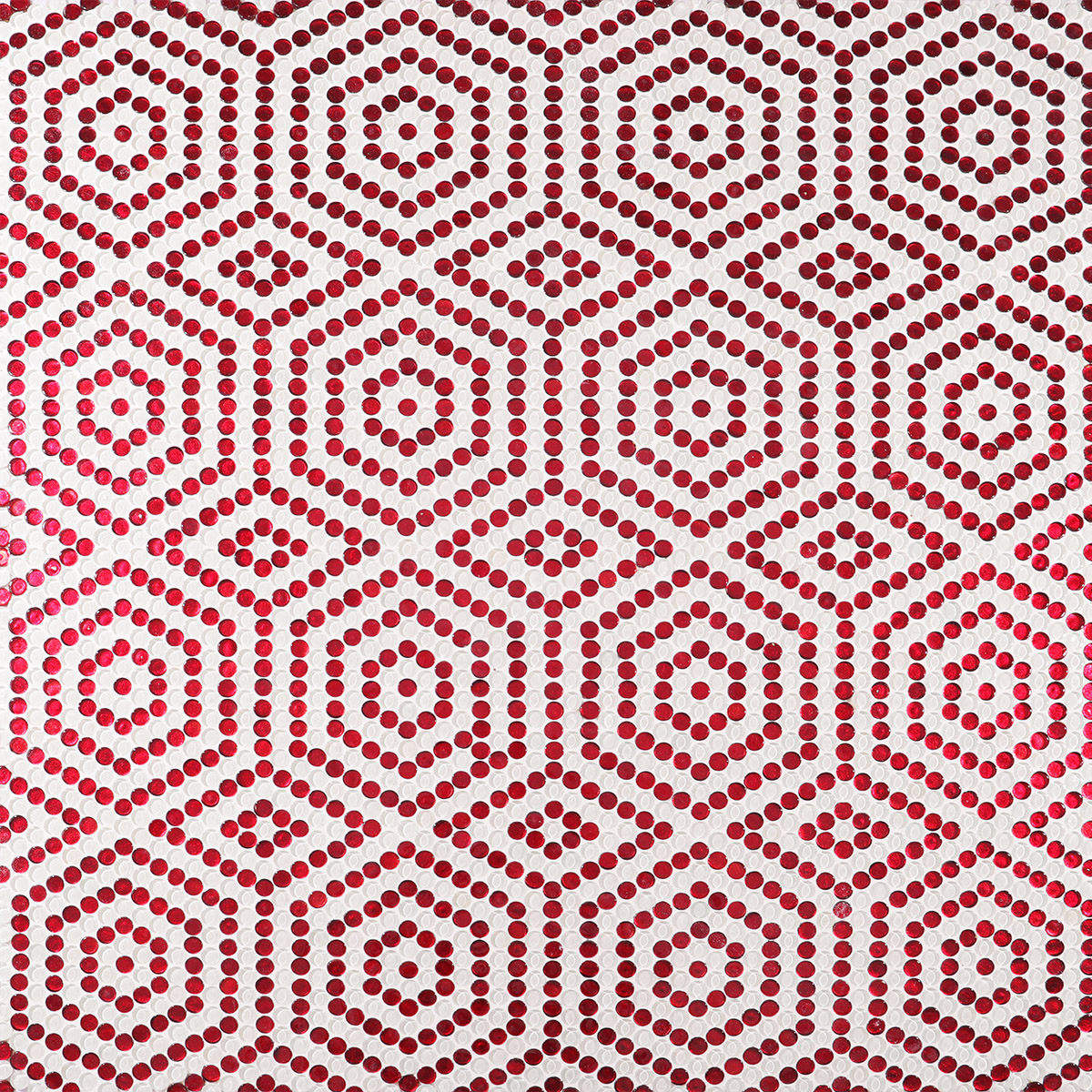 Close-up of the red and white hexagonal mosaic with grout