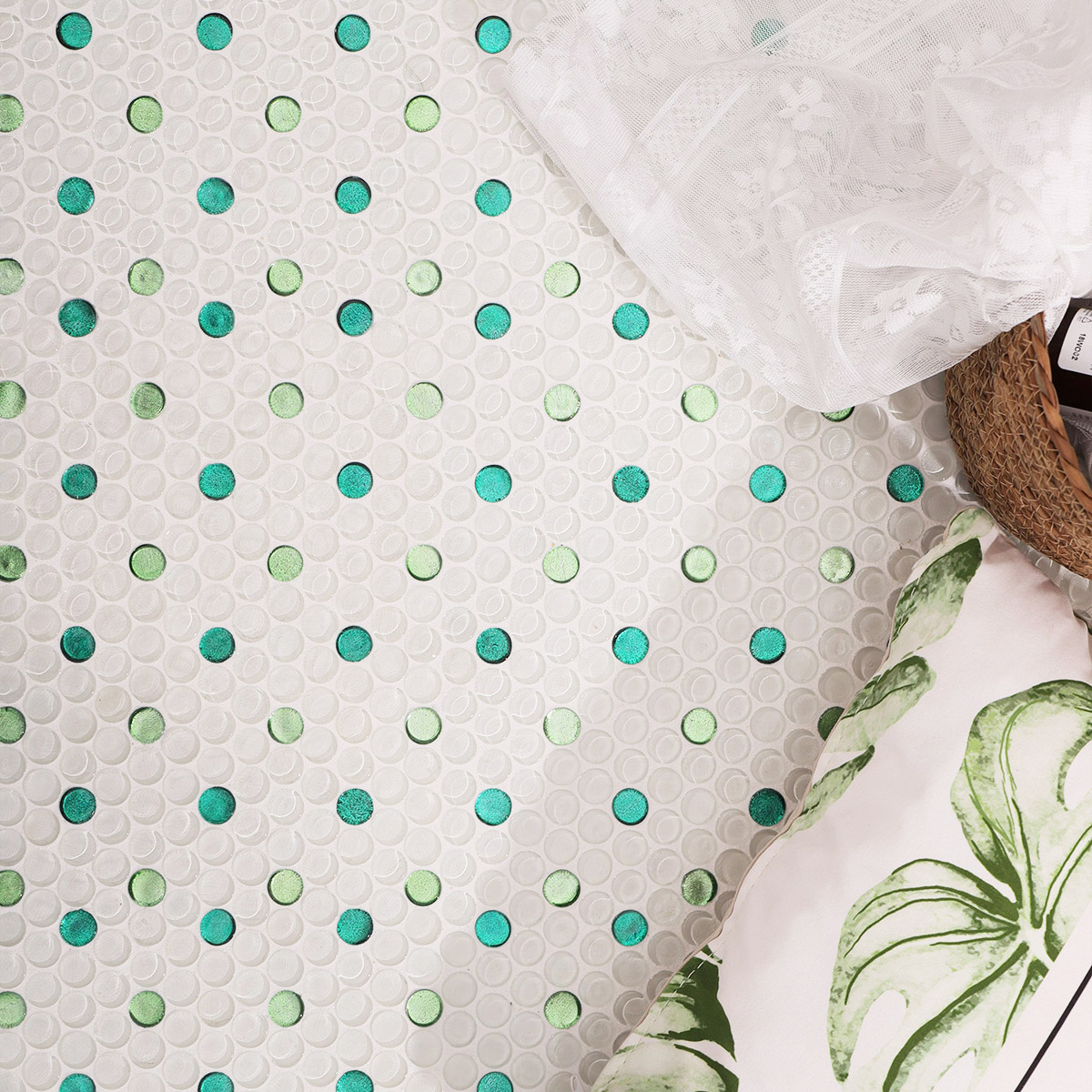 White Mix Green Penny Round Glossy Glass Mosaic Tiles