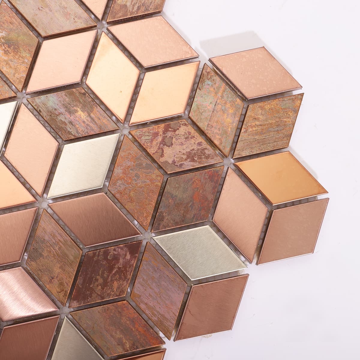 Close-up showcasing the dynamic mix of brushed stainless steel and copper tones.