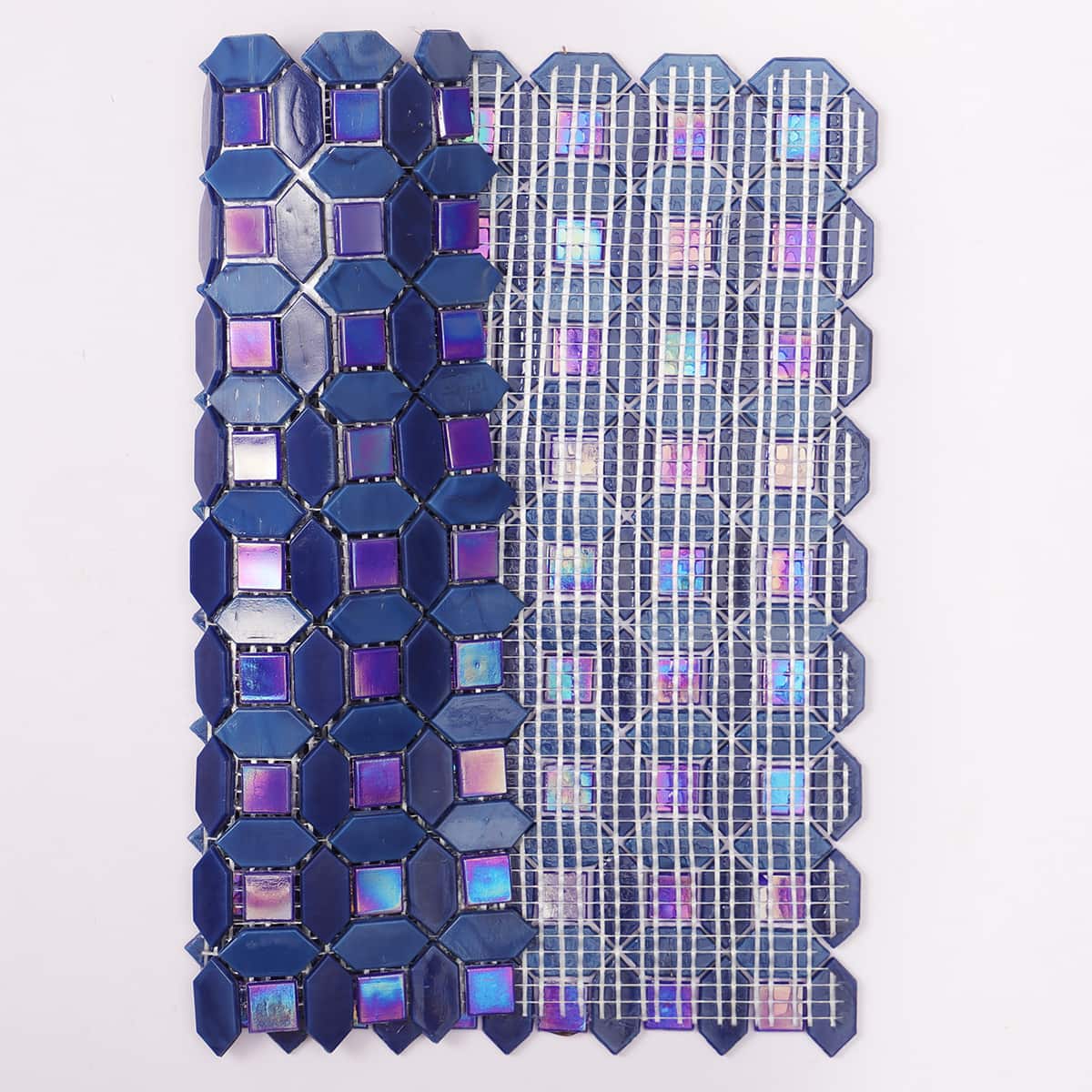 Iridescent  Picket and Square  Blue Glass Mosaic Tiles
