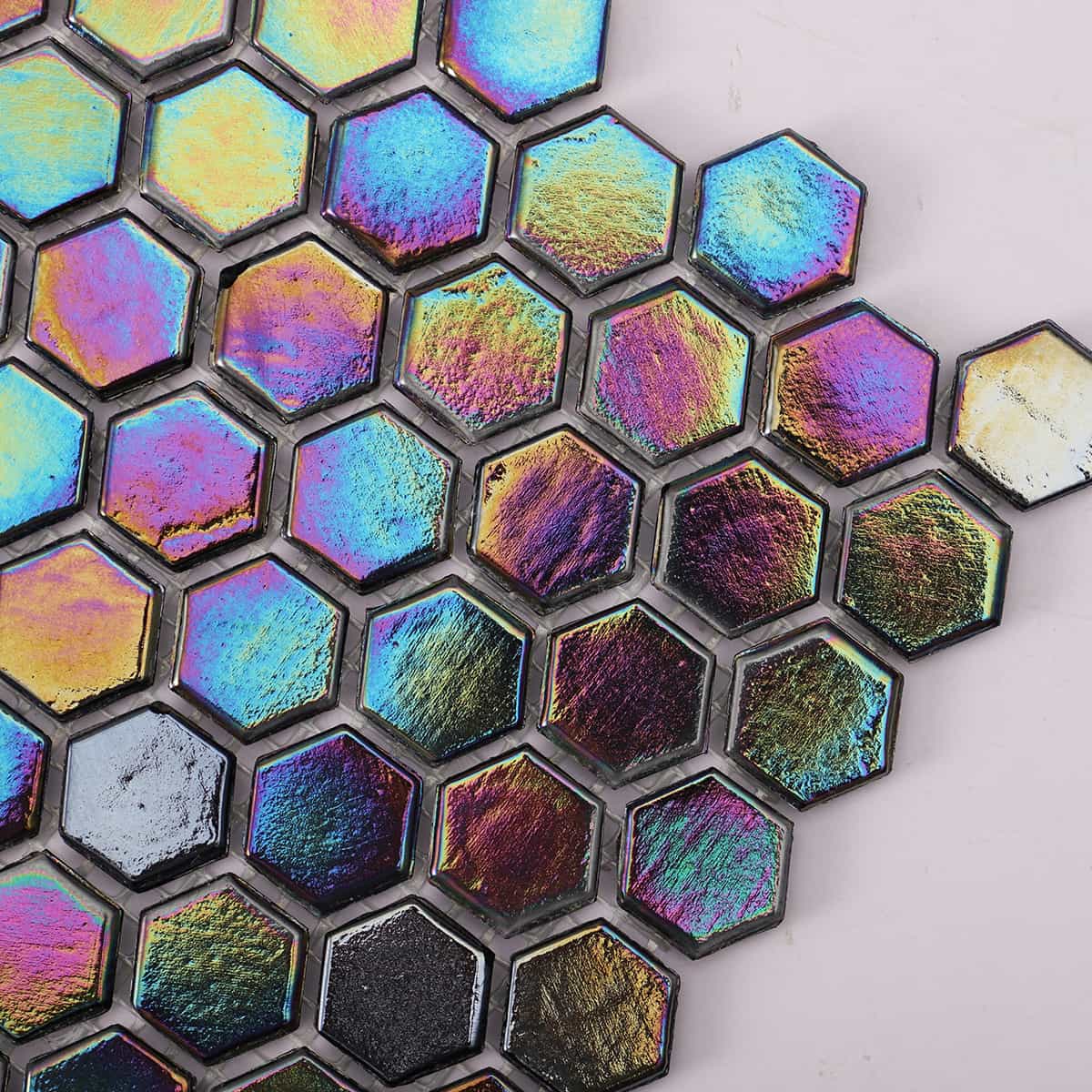 Iridescence Rainbow Hexagonal Glass Mosaic Tiles