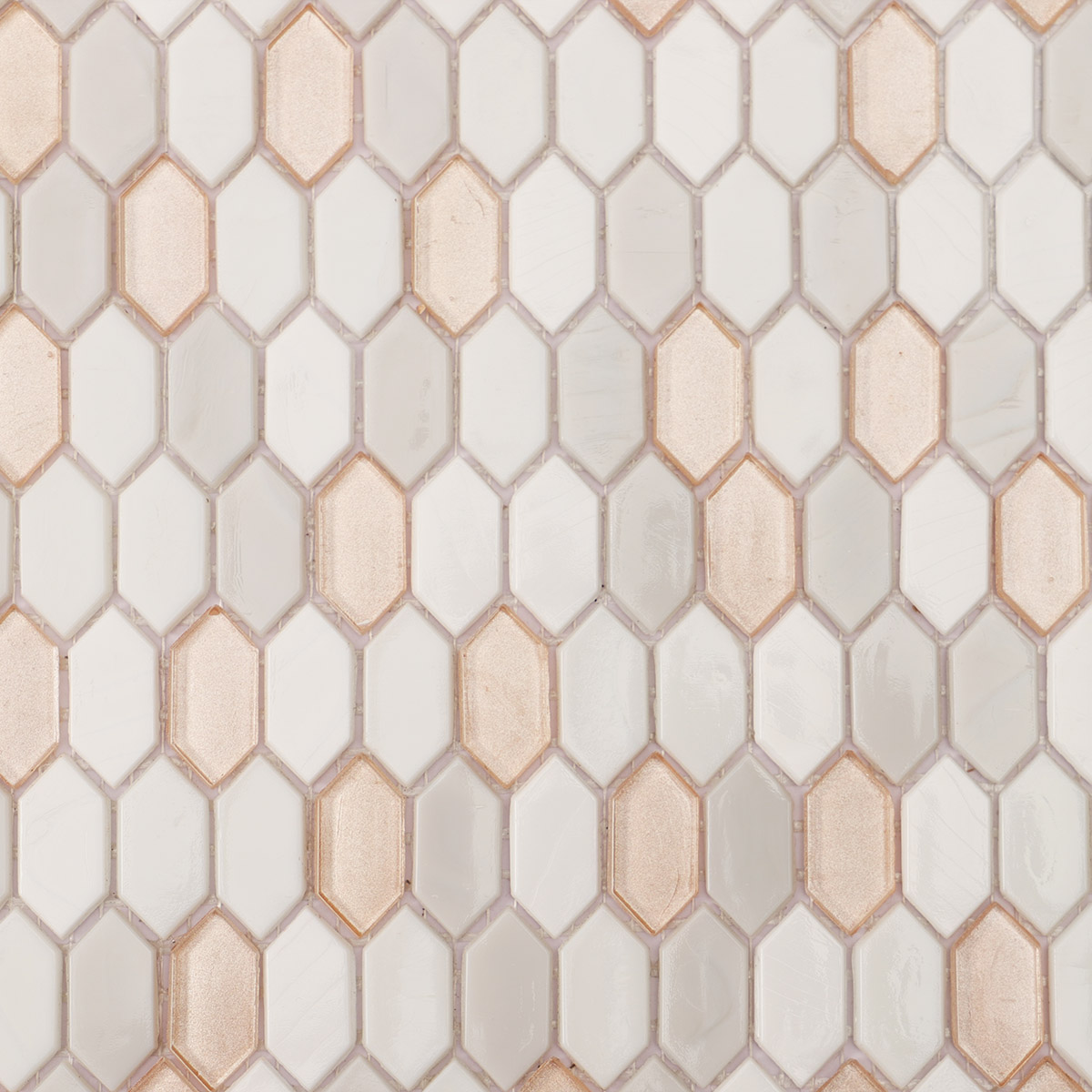 Close-up of beige mixed fired earth glass mosaic picket tiles.