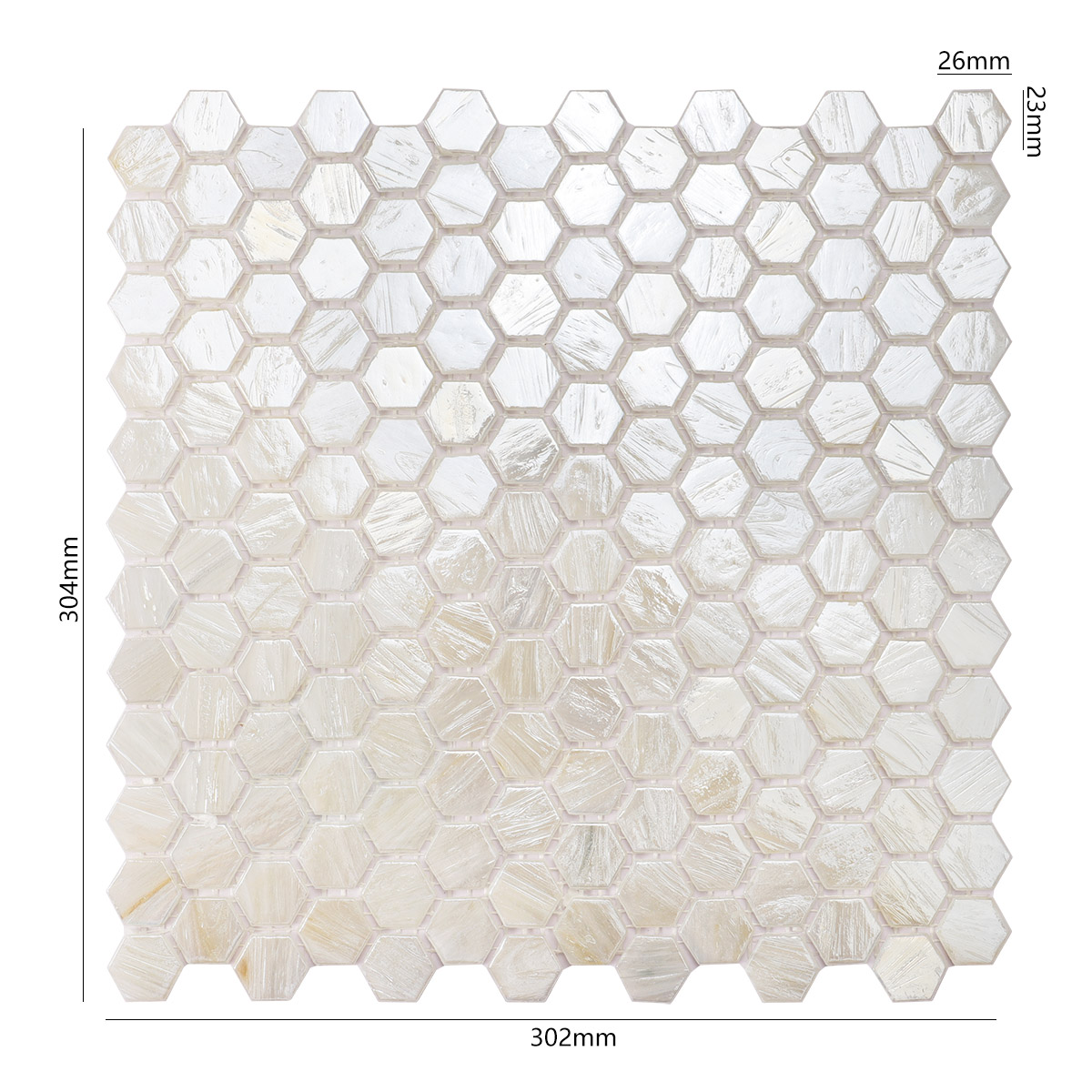 Obverse side of beige flash hexagon glass mosaic tiles, showing size.