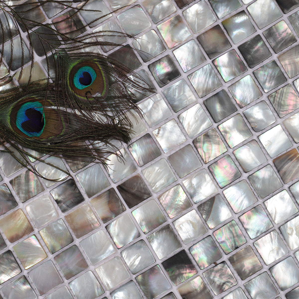 Close-up of deep sea black seashell square pattern mosaic tiles.