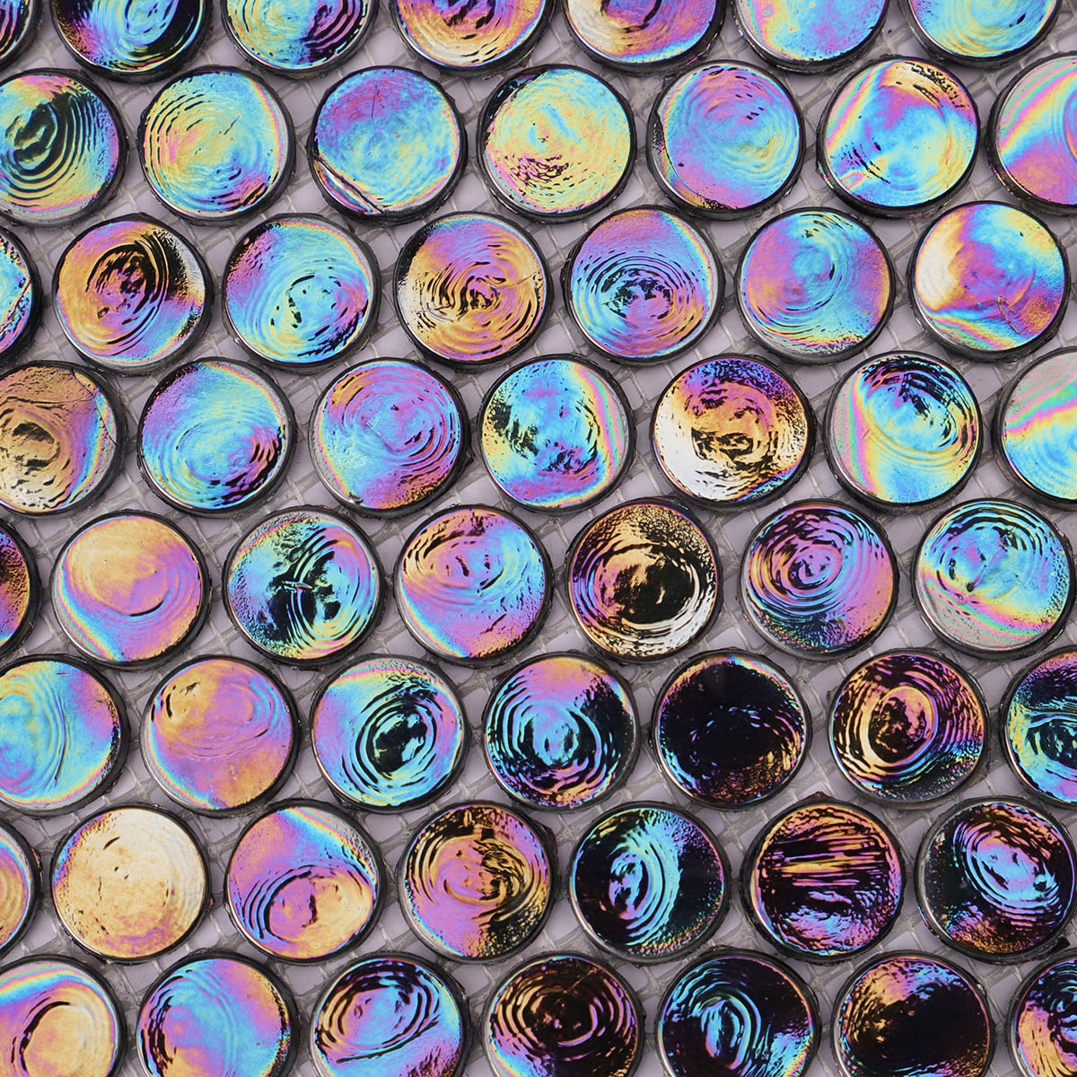 Glossy Black Iridescent Penny Round Glass Mosaic Wall and Floor Tile