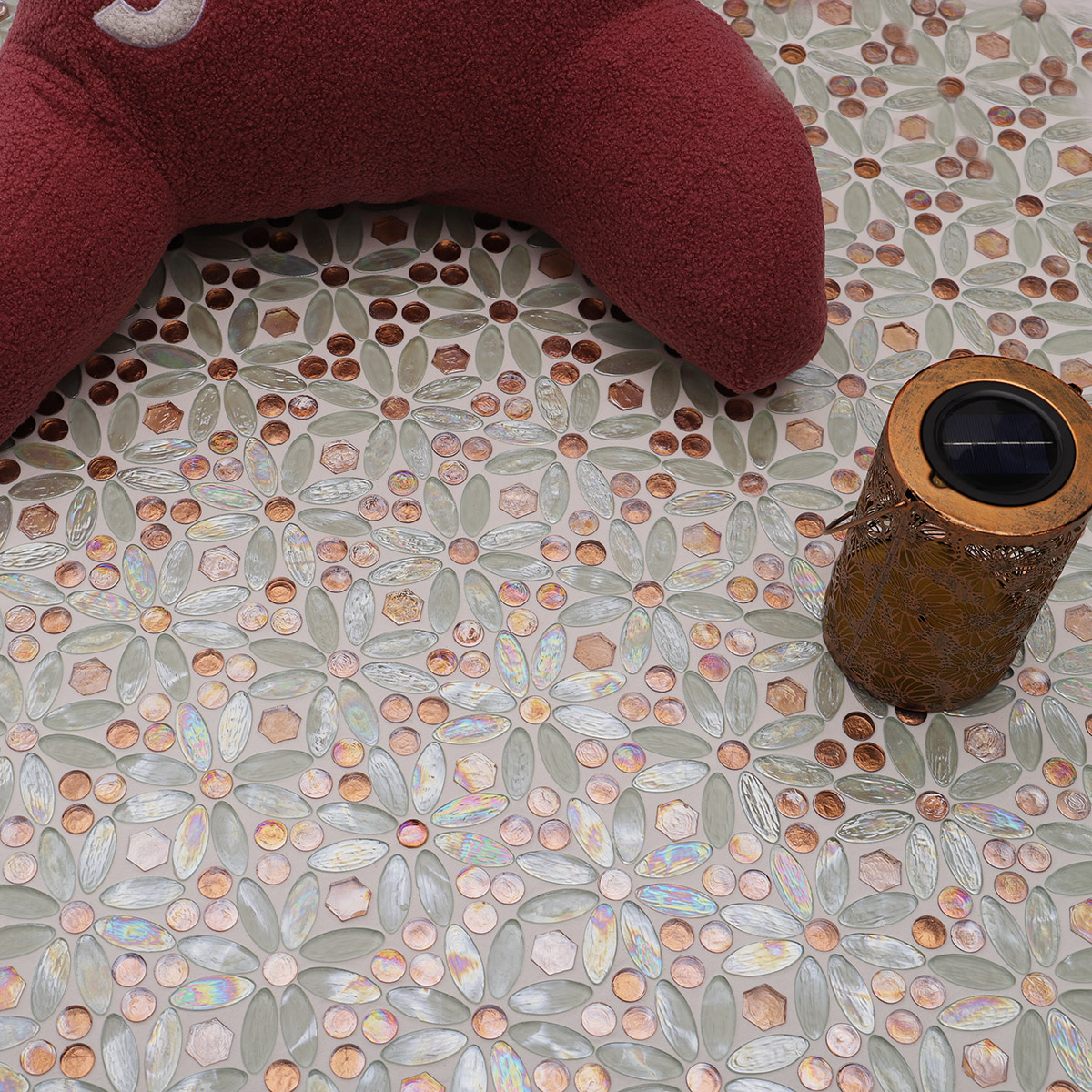 Polished White and Orange Oval Glass Mosaic Tiles 