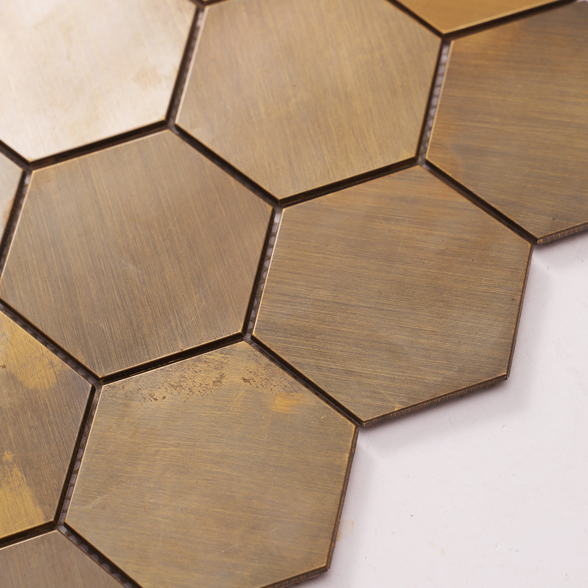 Close-up of copper hexagon mosaic wall tile