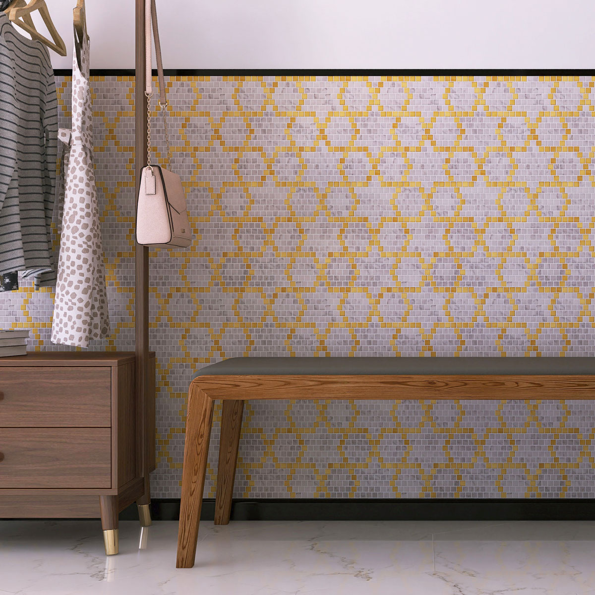 Wall with metal and white marble pixel art mosaic tiles, featuring a wooden bench and cabinet