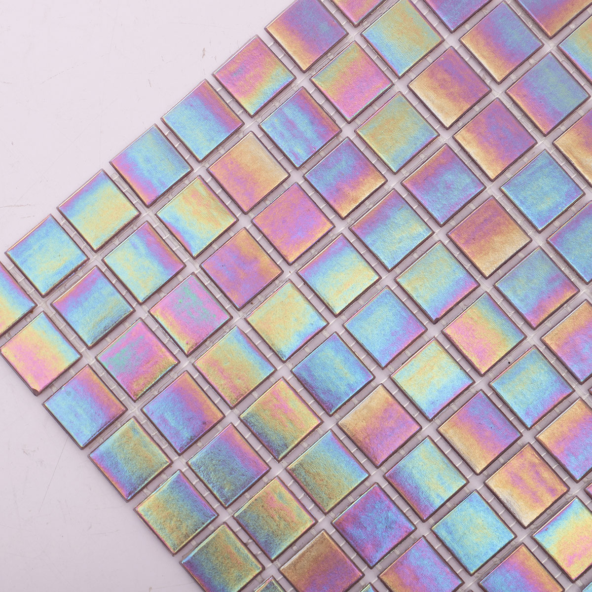 Close-up of the side of purple rainbow glass mosaic tiles
