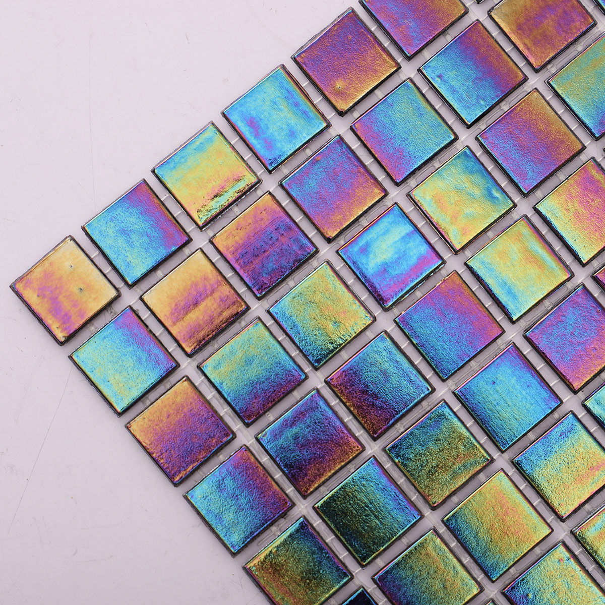 Side close-up of multicolor iridescent square glass mosaic tiles