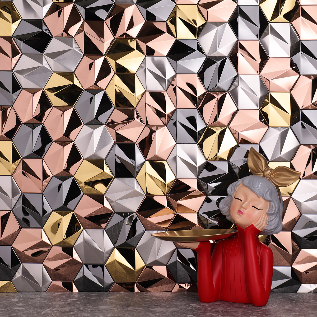 3D hexagon metal mosaic wall tiles with gray floor