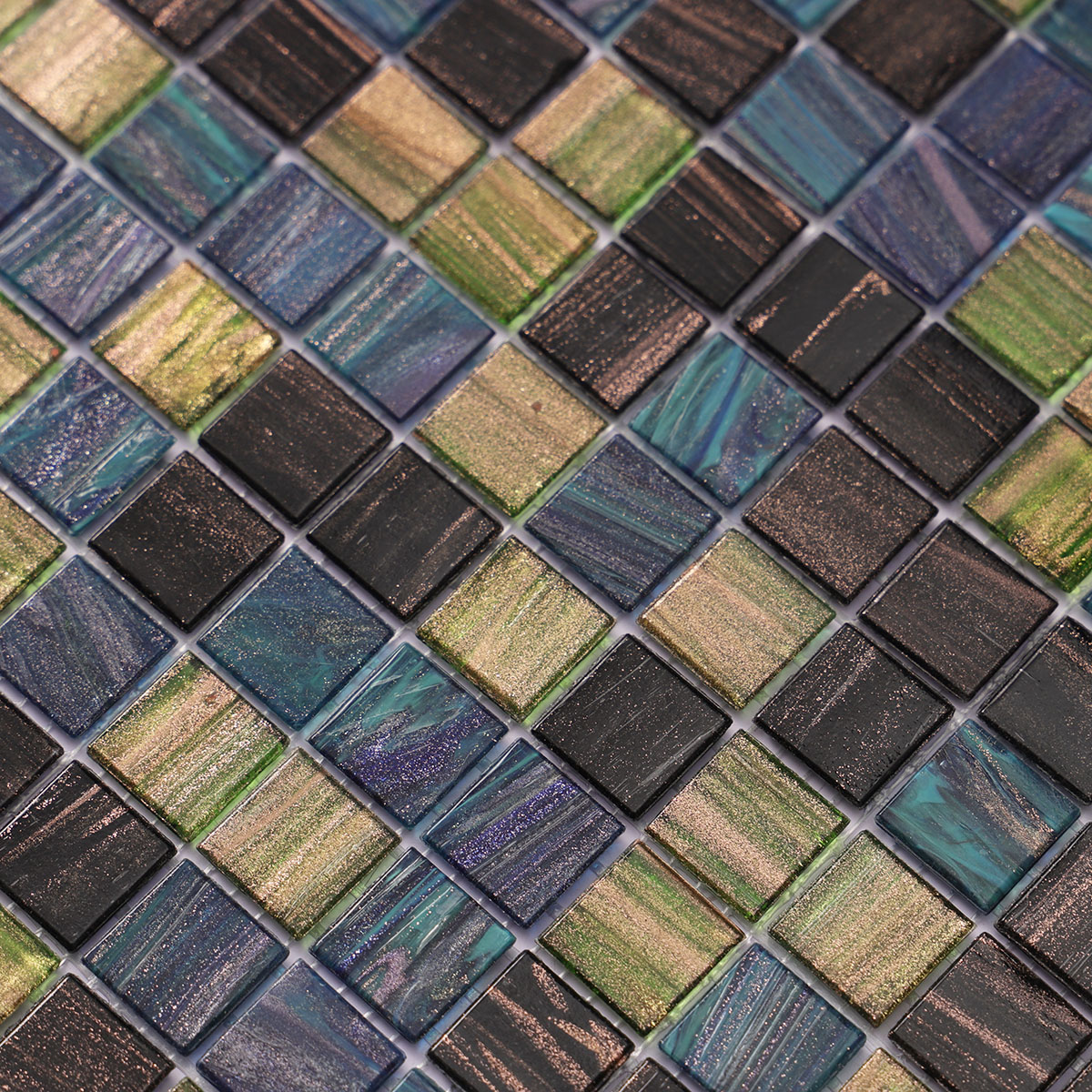 Close-up of olive green and black mix square glass mosaic tiles