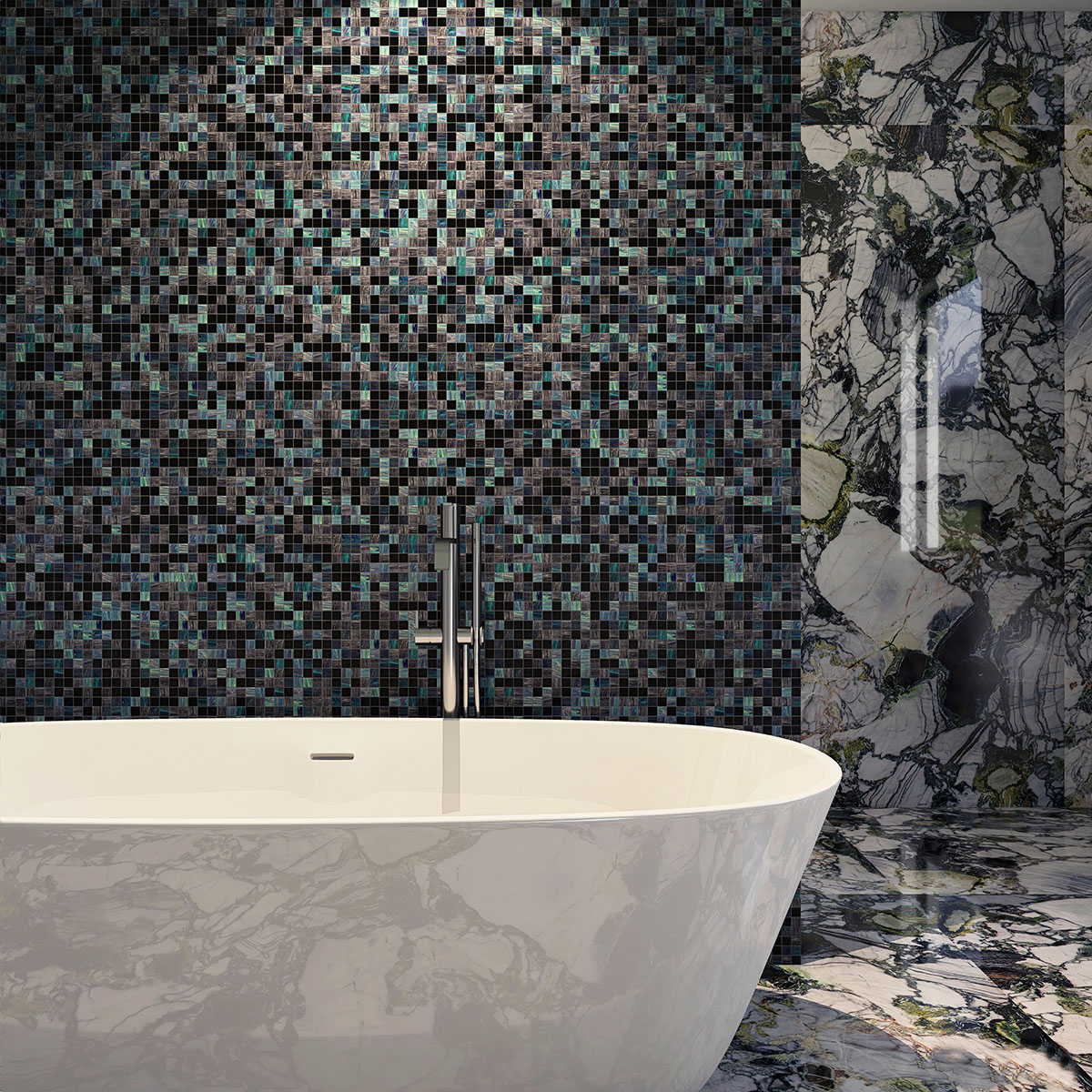 Green and black joint square glass mosaic wall tiles in bathroom with bathtub