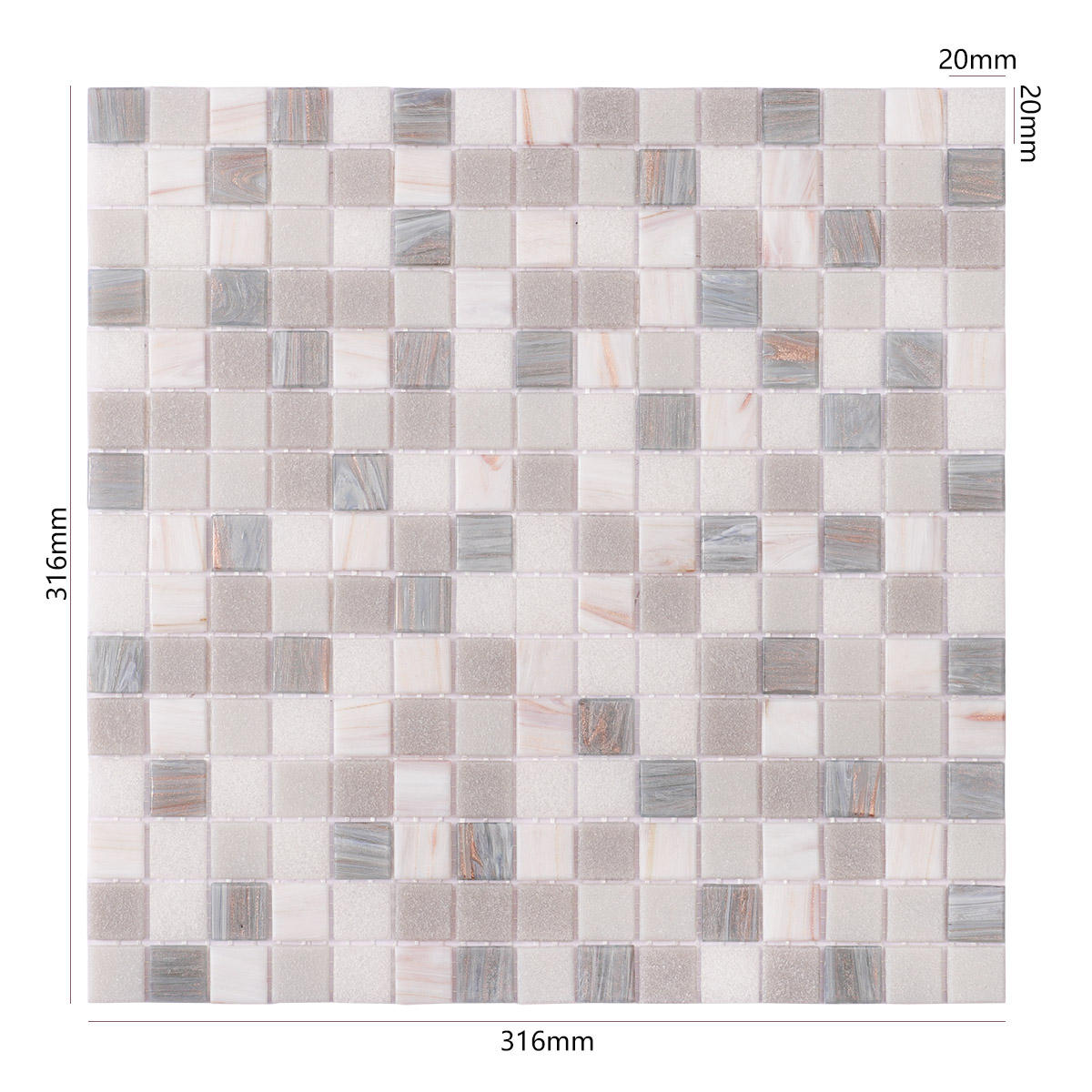 Obverse side of gray and white glass mosaic tiles, showing size