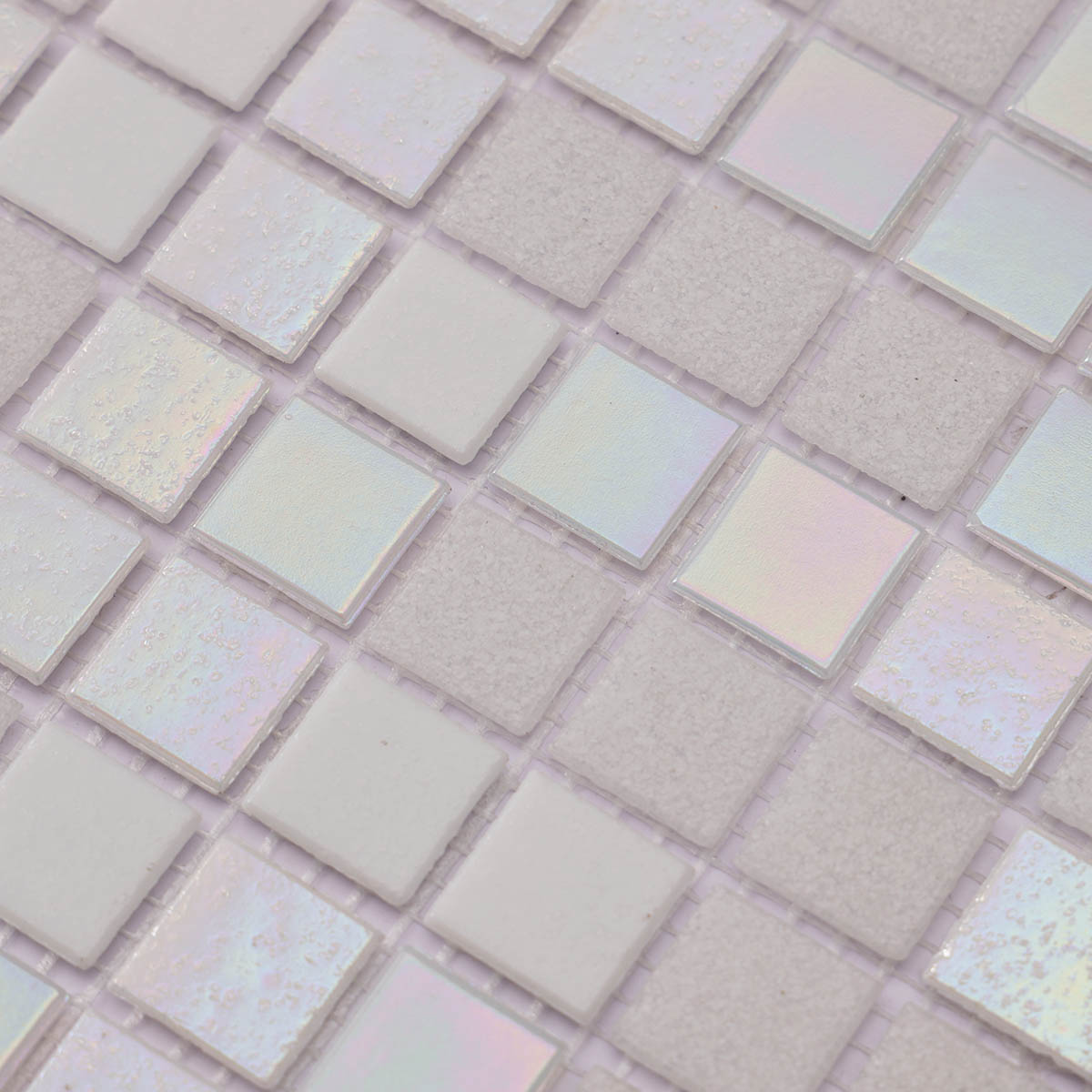 Close-up of shining white square glass mosaic tiles