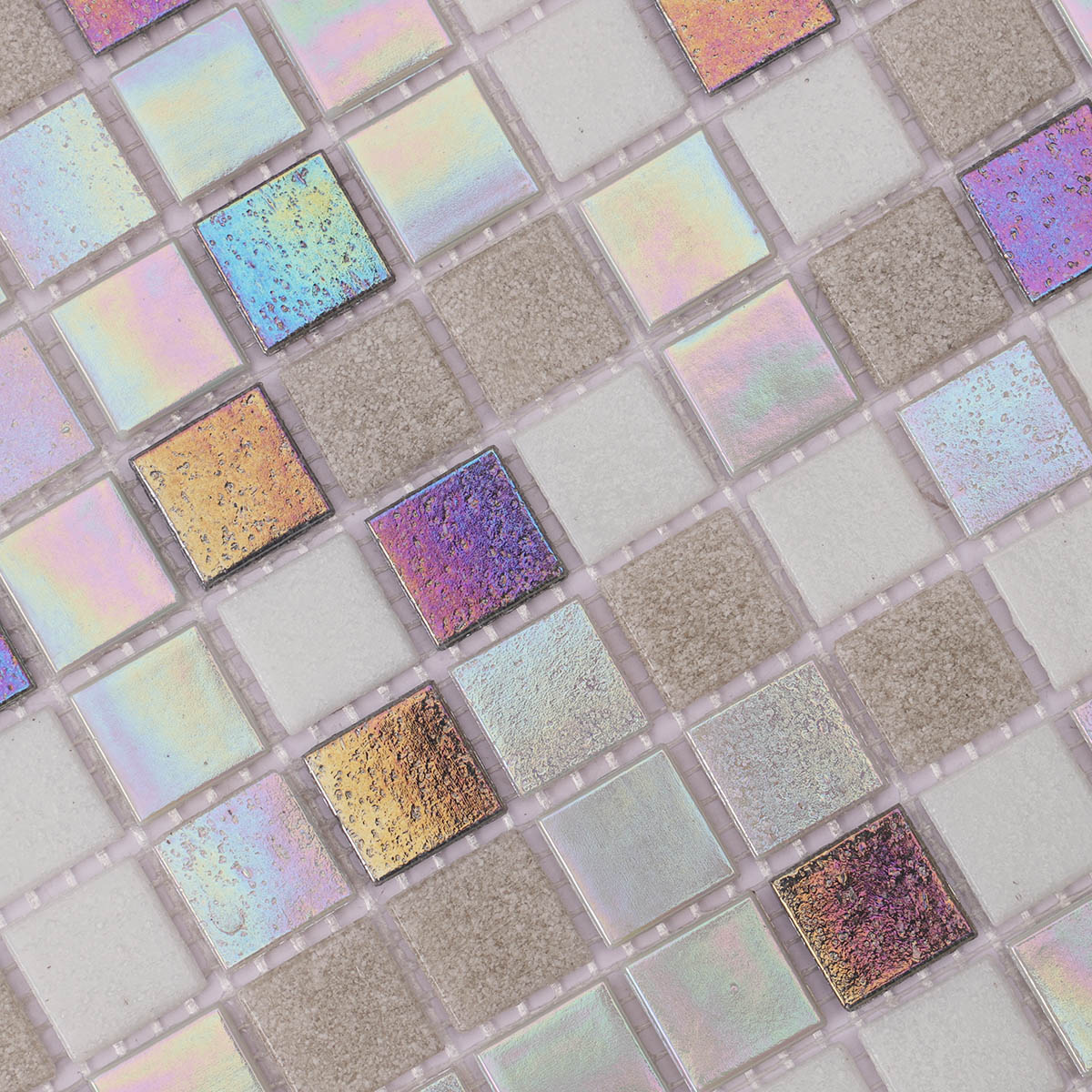 Close-up view of multicolor square glass mosaic tiles