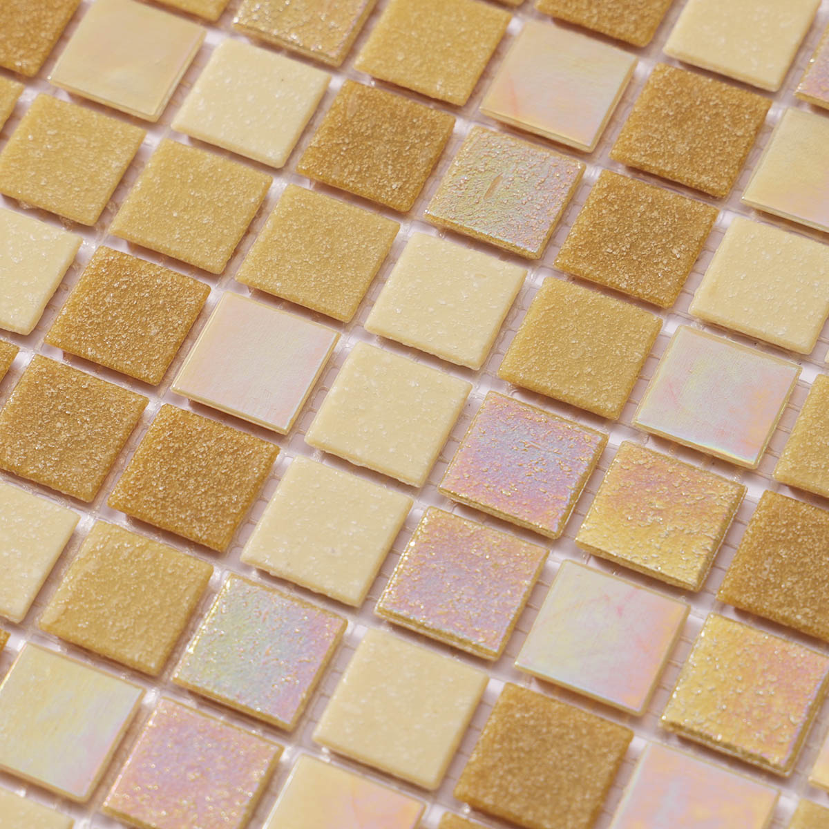Close-up of mixed yellow square glass mosaic tiles