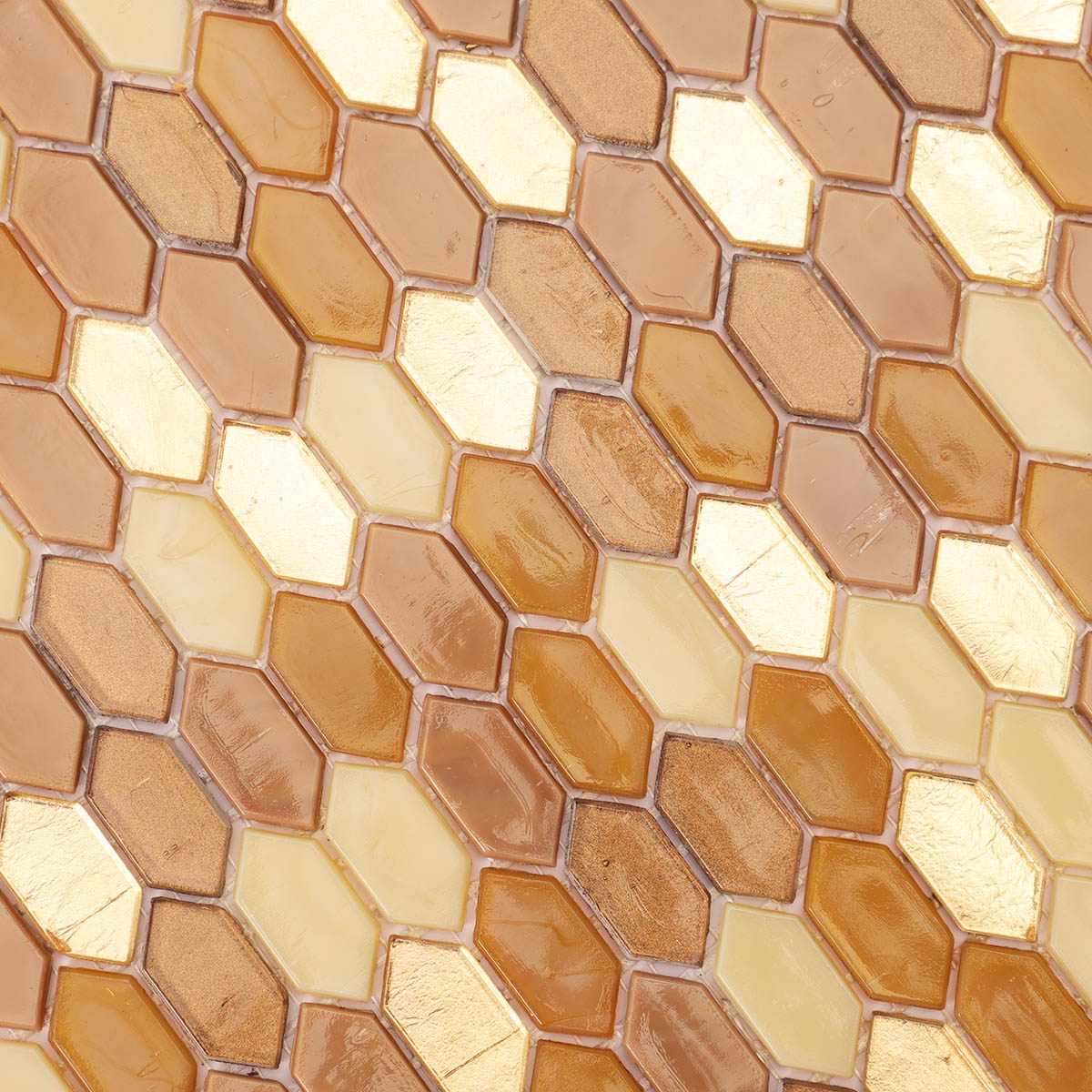Close-up of brown and flicker gold picket glass mosaic tiles