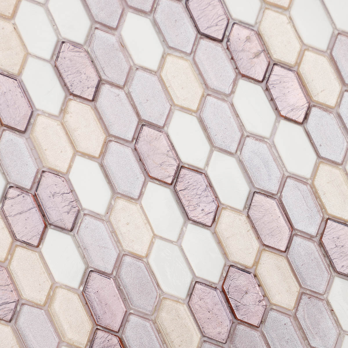 Close-up of light purple and white picket glass mosaic tiles