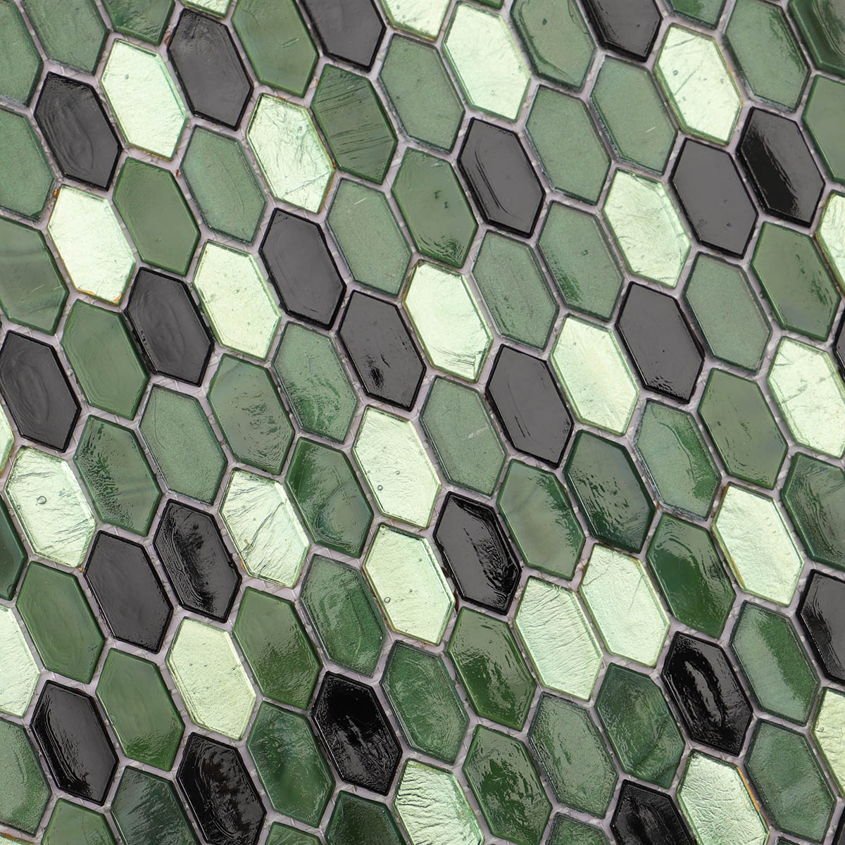Close-up of mini picket green and black glossy glass mosaic tiles