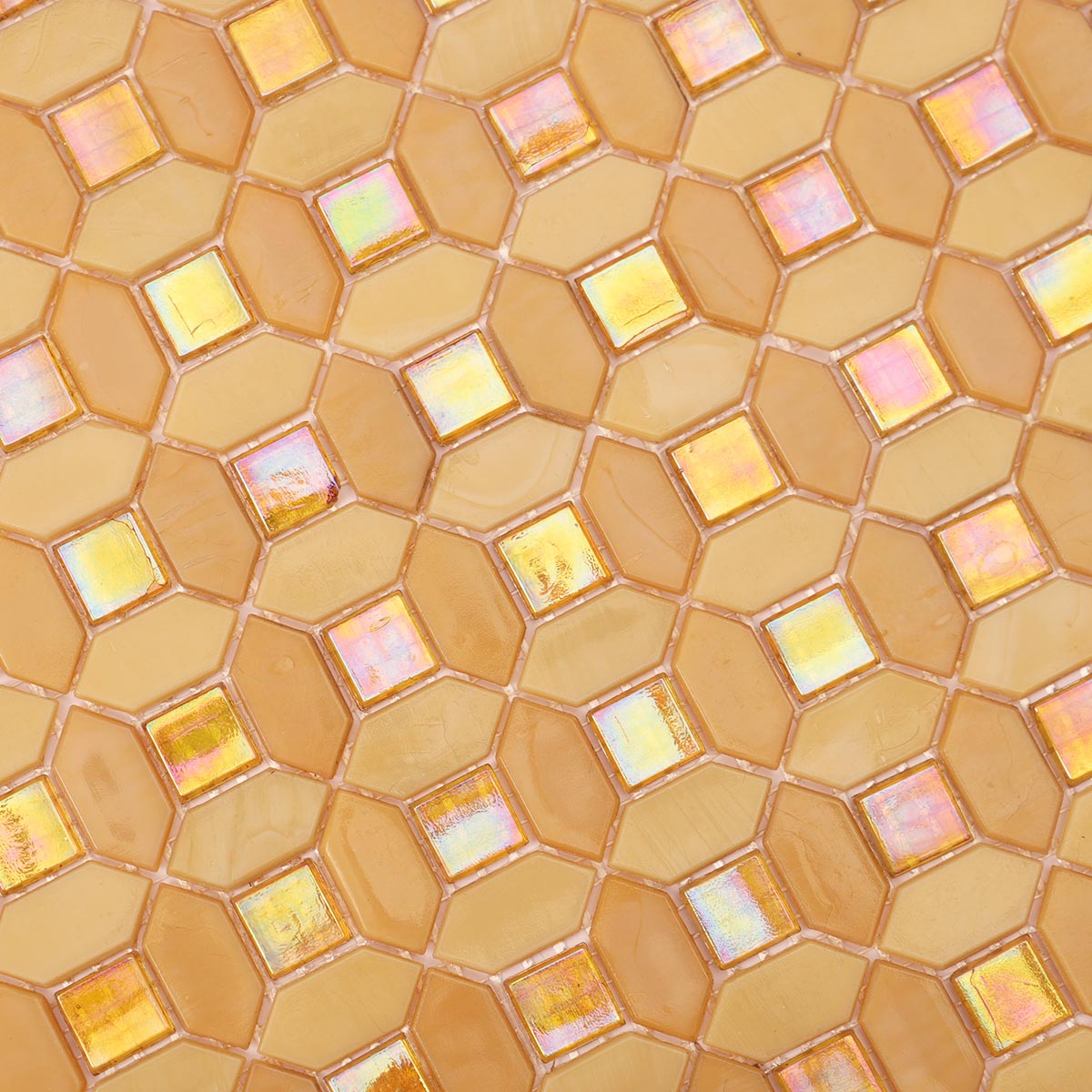 Iridescent orange picket glass mosaic tile close-up