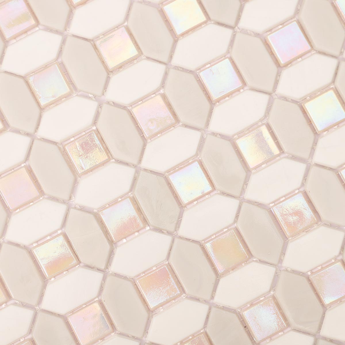 Close-up view of white and light gray picket glass mosaic tile