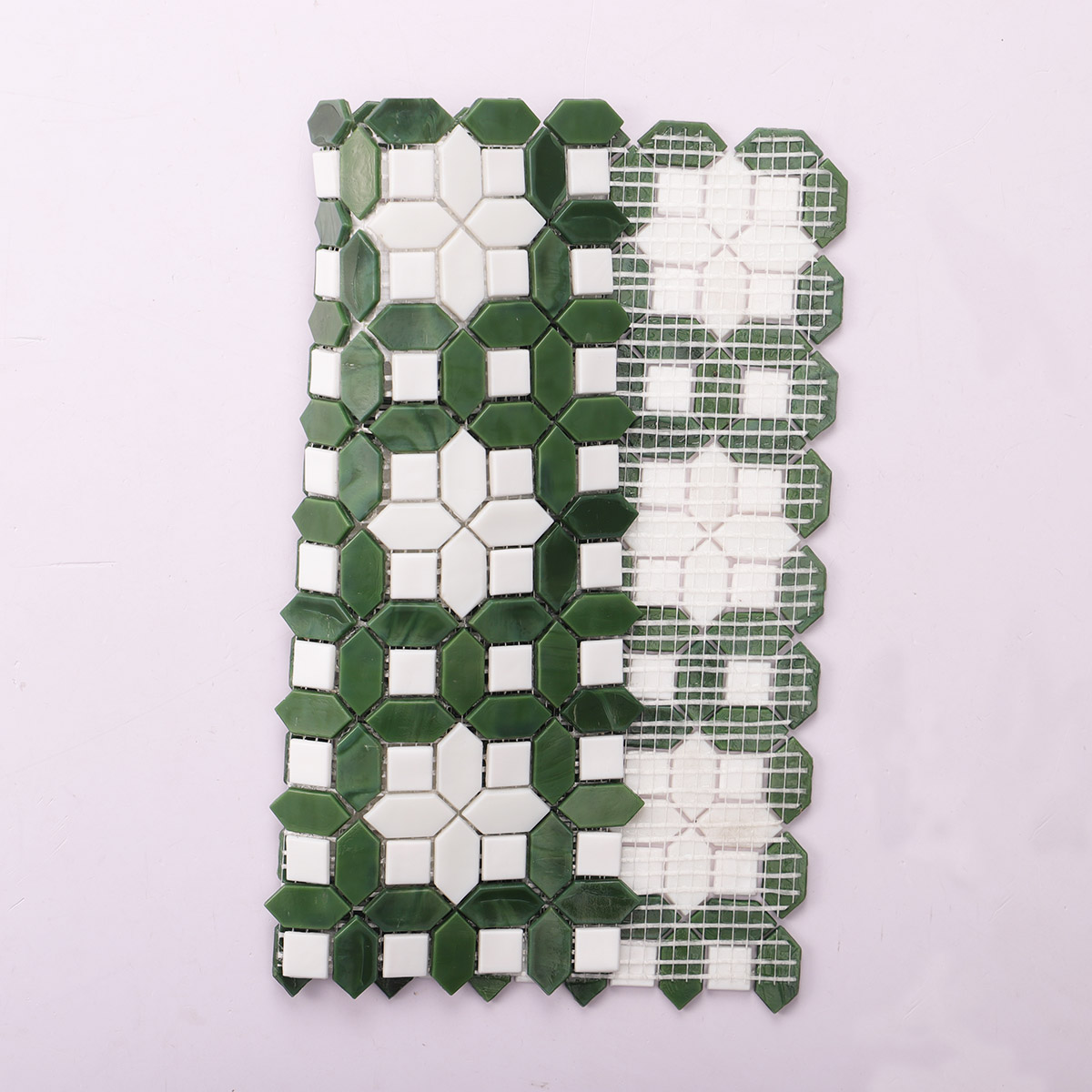 Back side of white and green picket glass mosaic tile, folded