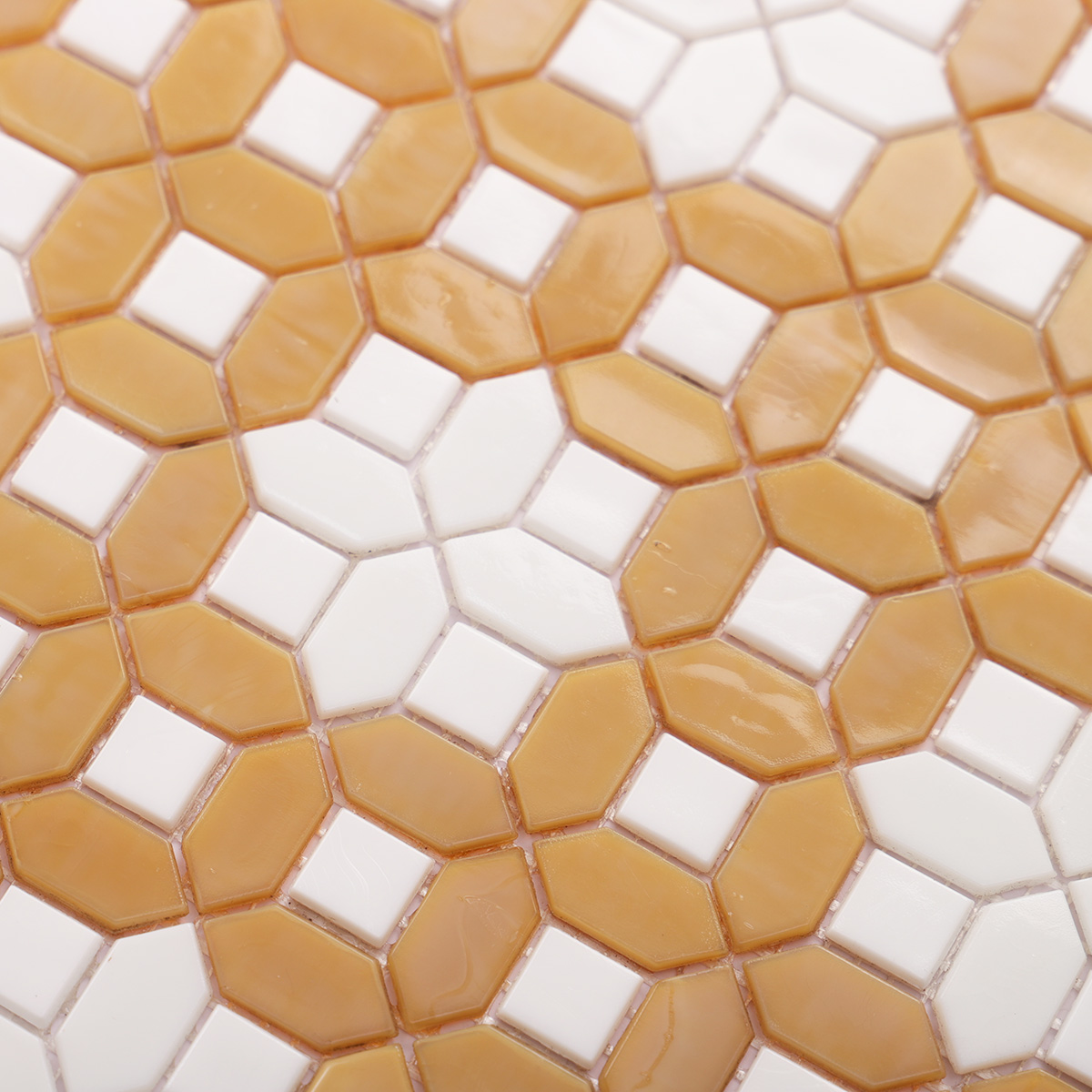 Close-up of white and deep beige picket polished glass mosaic tiles