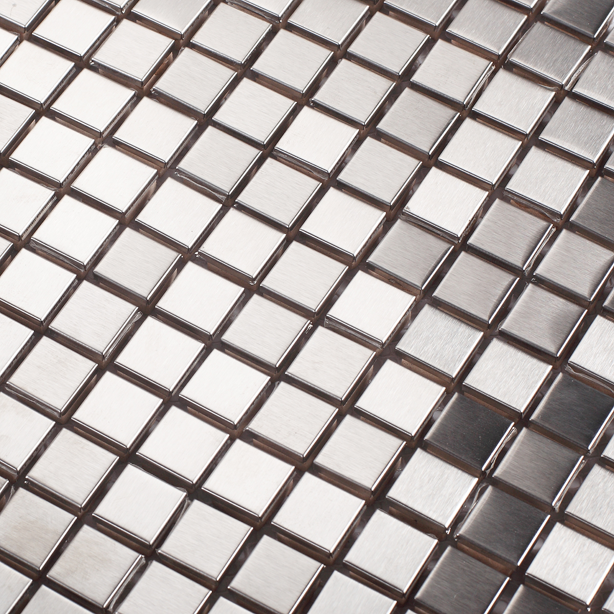 Square silver stainless steel mosaic tiles close-up
