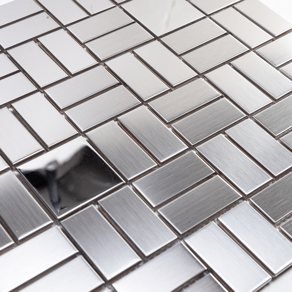Close-up of silver stainless steel mosaic tiles