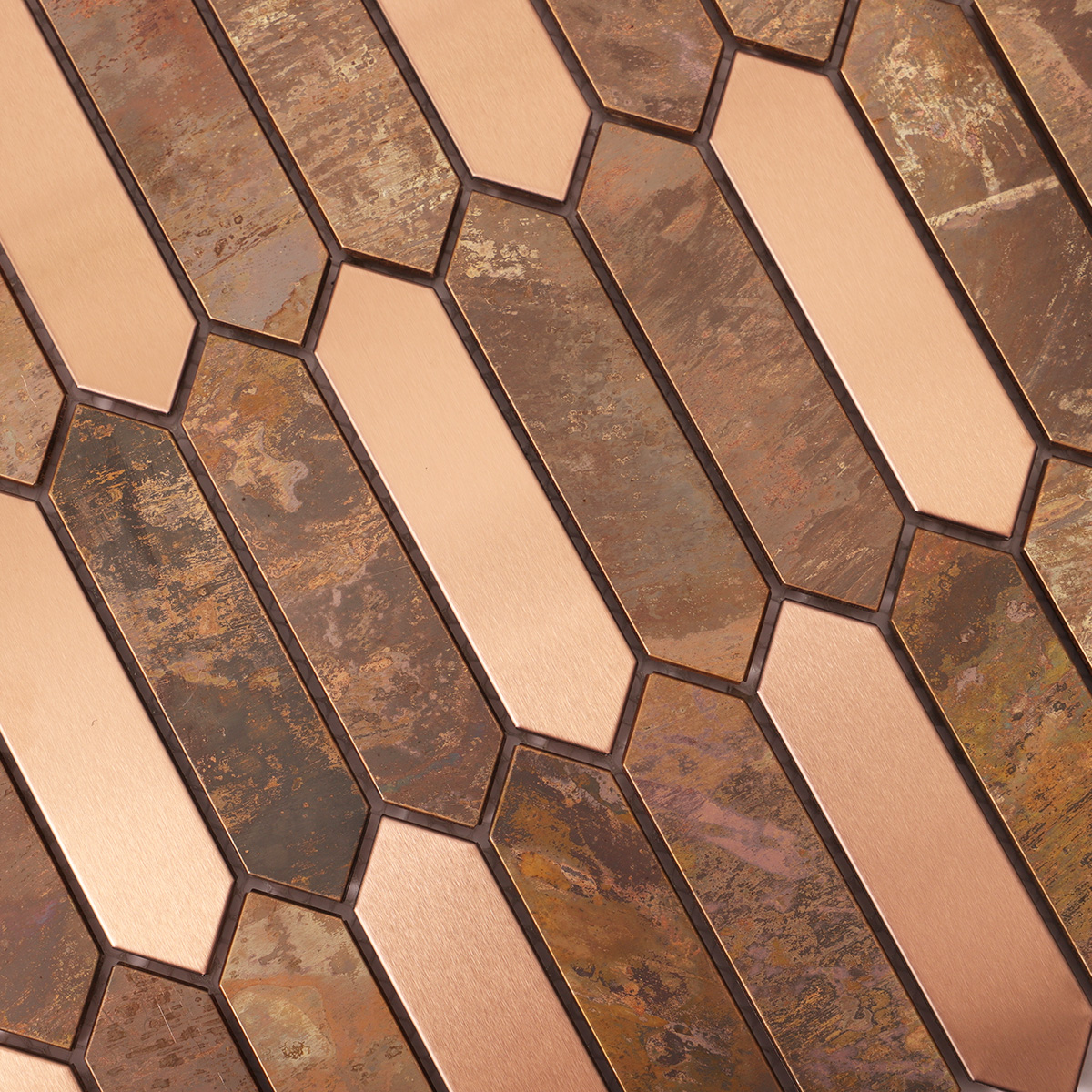 Detailed close-up of Picket copper and stainless steel metal mosaic tiles.