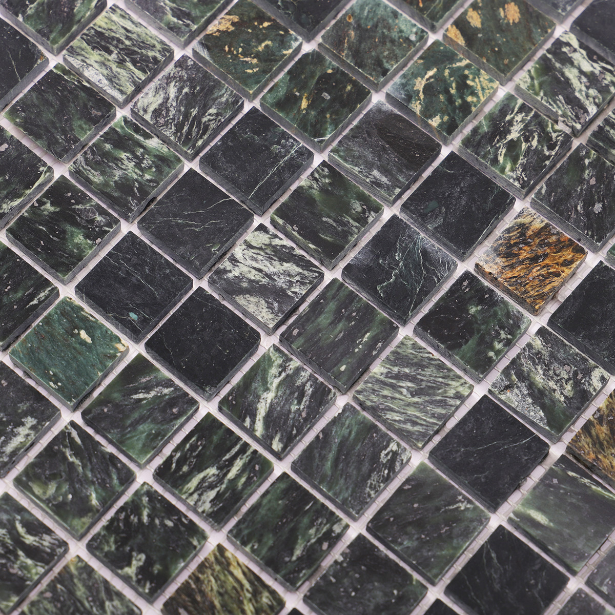 Close-up of Empress Green marble mosaic stone tiles.
